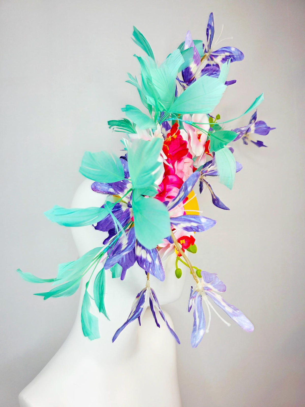kentucky derby hat fascinator yellow sinamay ombre red pink roses white orchids aqua mint green branching feathers and purple butterflies
