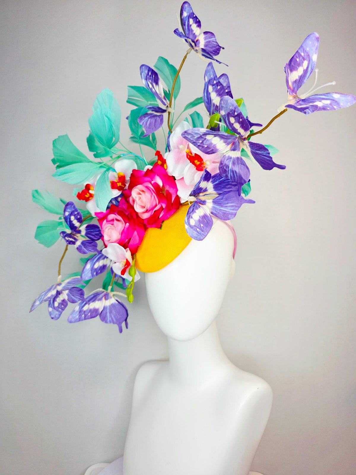 kentucky derby hat fascinator yellow sinamay ombre red pink roses white orchids aqua mint green branching feathers and purple butterflies