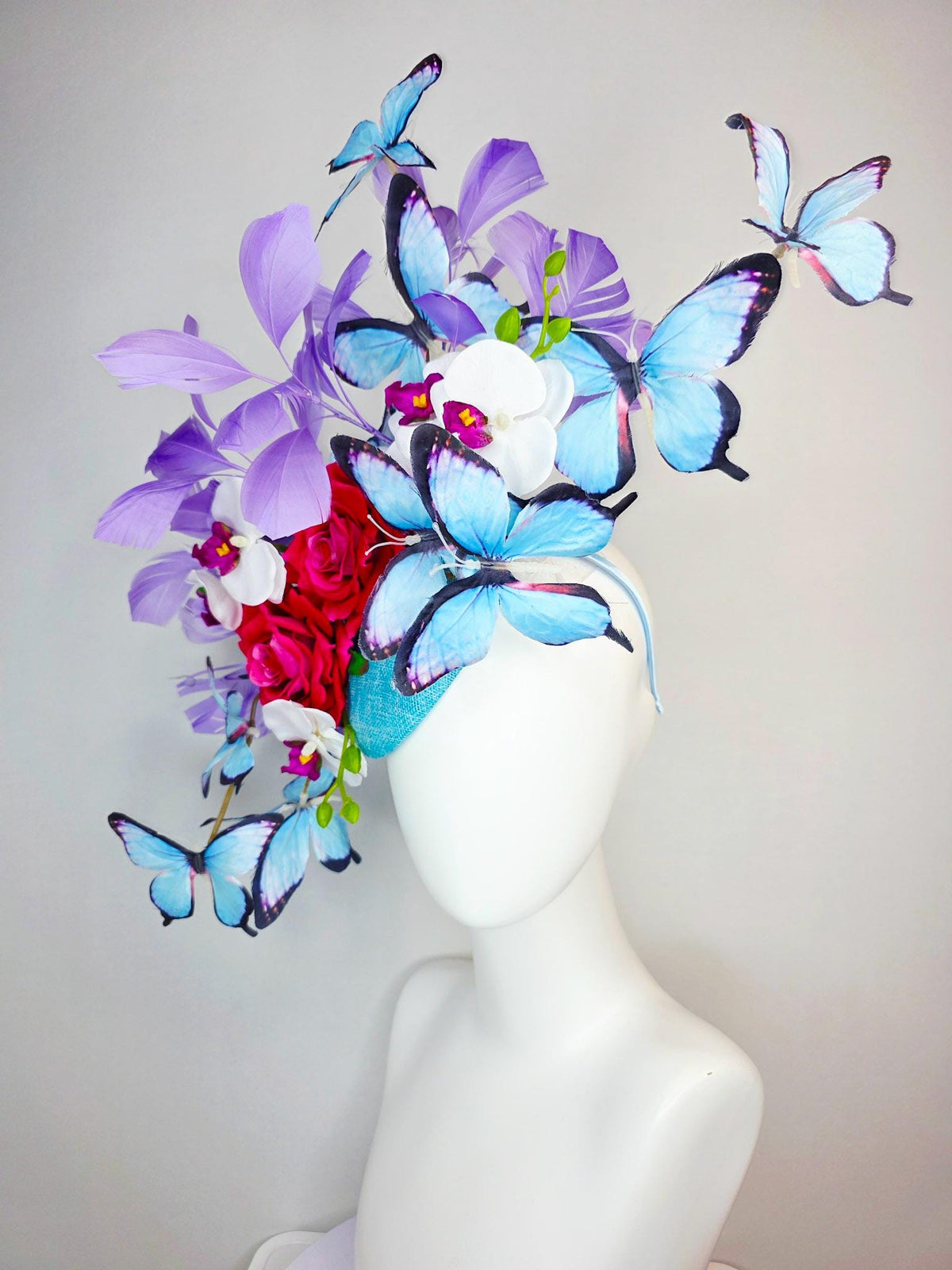 kentucky derby hat fascinator large turquoise sinamay pink red roses white orchid lavender purple branching feathers sky blue butterflies