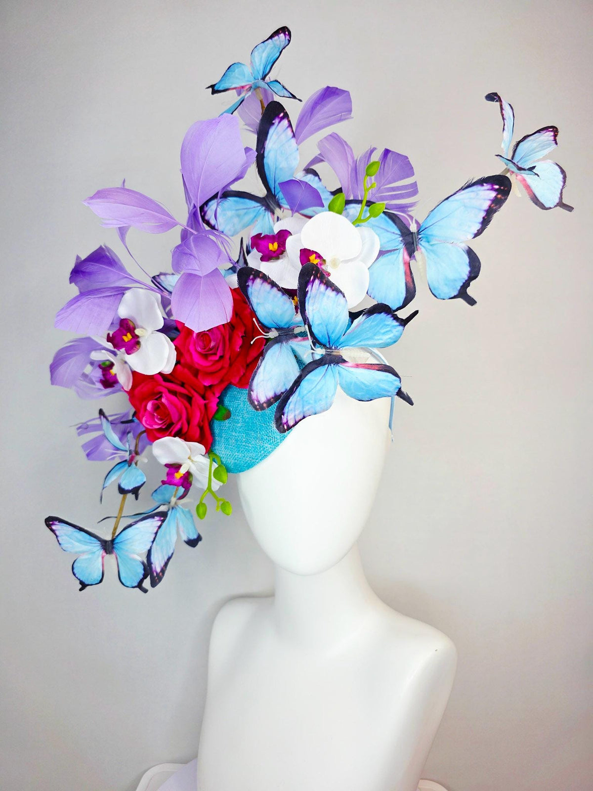 kentucky derby hat fascinator large turquoise sinamay pink red roses white orchid lavender purple branching feathers sky blue butterflies