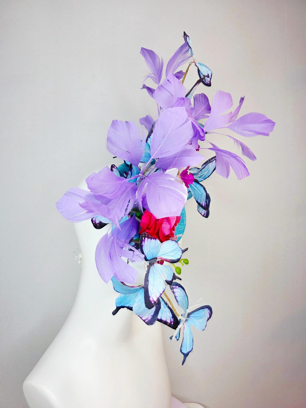 kentucky derby hat fascinator large turquoise sinamay pink red roses white orchid lavender purple branching feathers sky blue butterflies