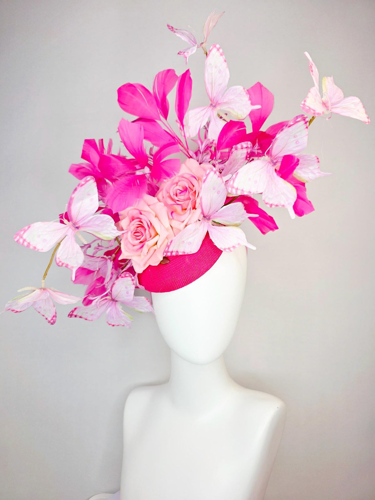 kentucky derby hat fascinator raspberry pink sinamay ombre pink satin roses lilac flowers hot pink branching feather light pink butterflies