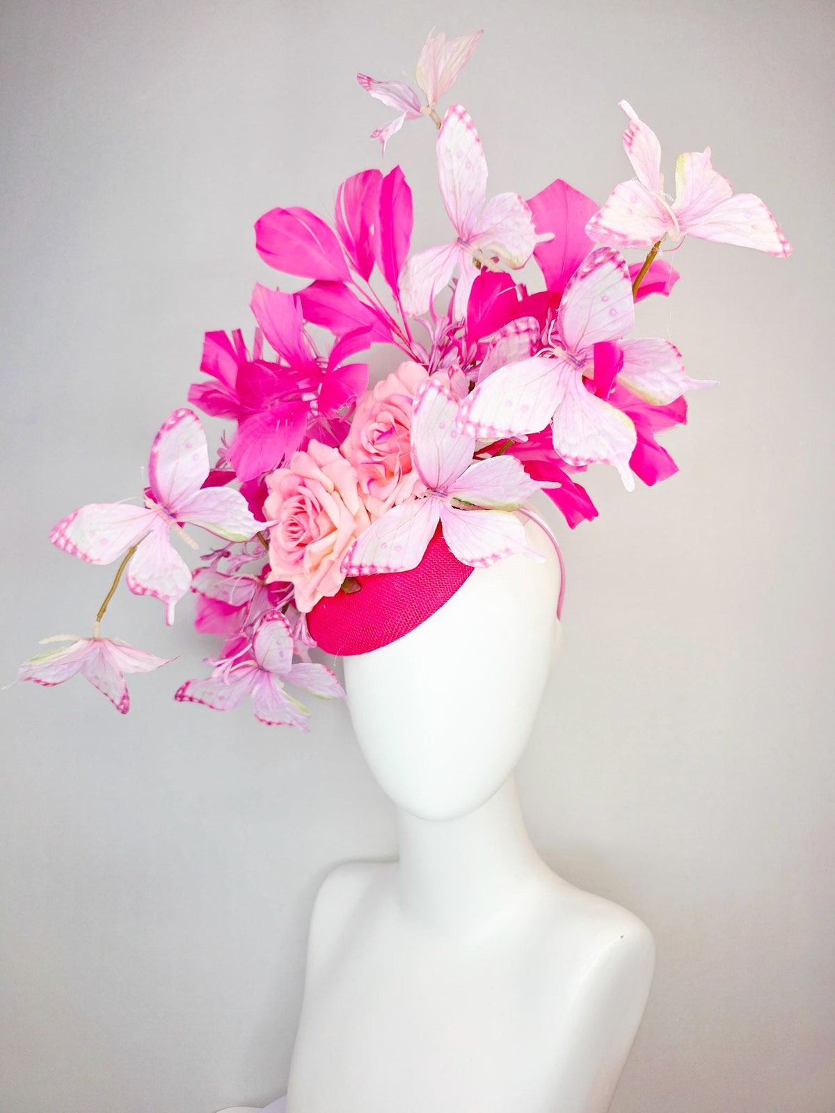kentucky derby hat fascinator raspberry pink sinamay ombre pink satin roses lilac flowers hot pink branching feather light pink butterflies