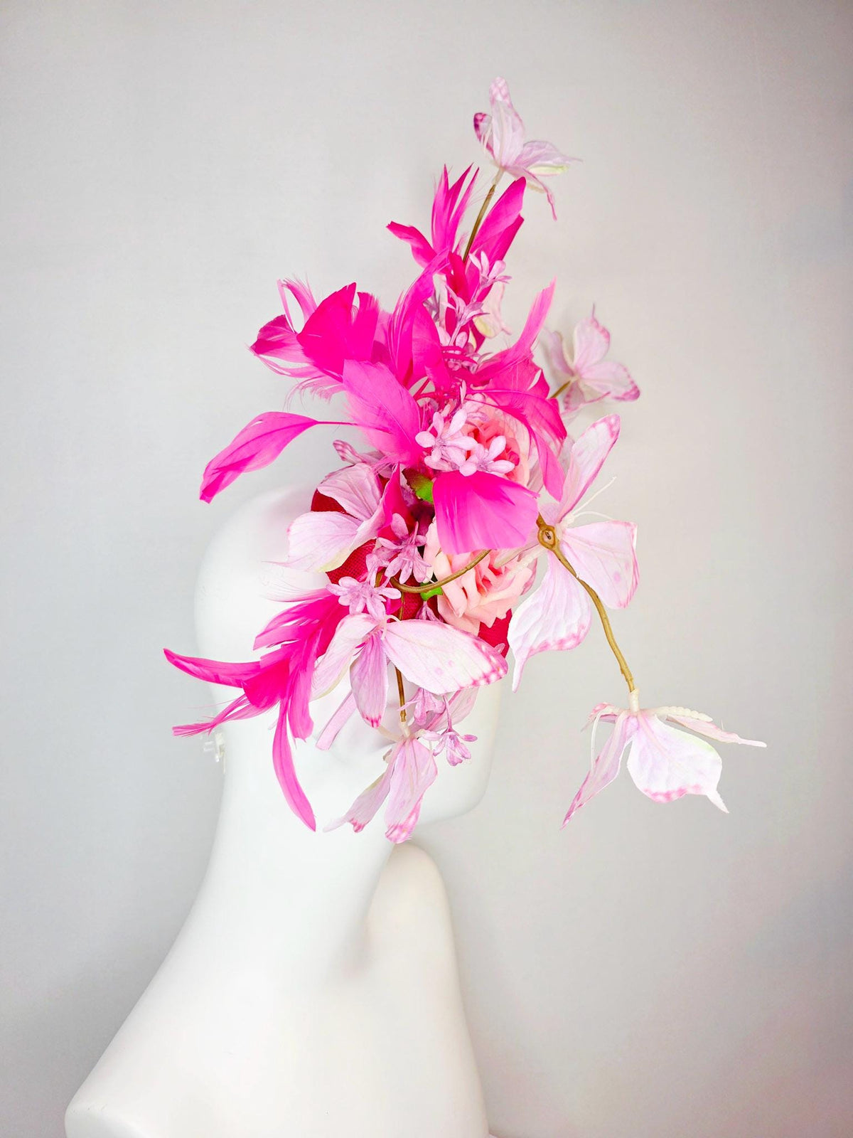 kentucky derby hat fascinator raspberry pink sinamay ombre pink satin roses lilac flowers hot pink branching feather light pink butterflies