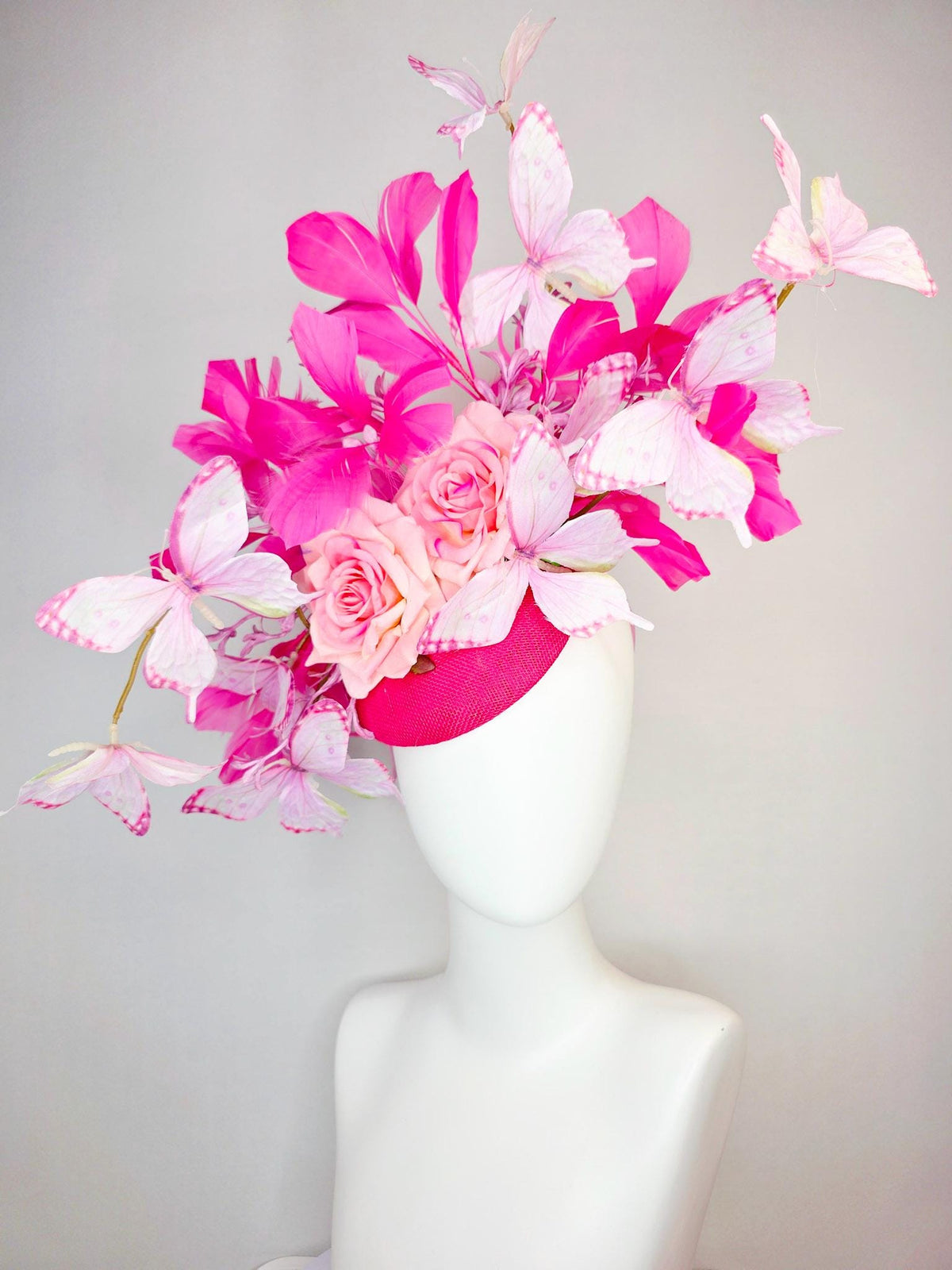 kentucky derby hat fascinator raspberry pink sinamay ombre pink satin roses lilac flowers hot pink branching feather light pink butterflies