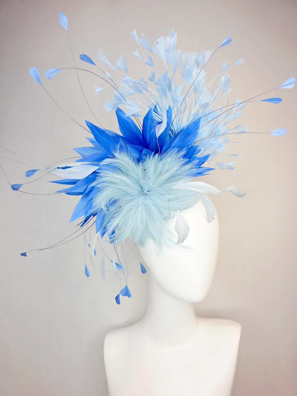 kentucky derby hat fascinator swarovski crystal headband with fluffy light baby blue feather flower cobalt and sky blue branching feathers