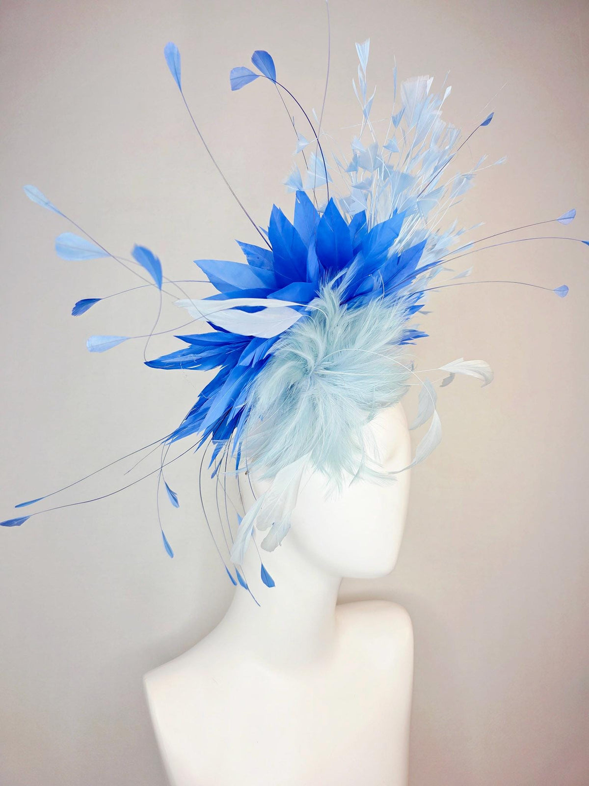 kentucky derby hat fascinator swarovski crystal headband with fluffy light baby blue feather flower cobalt and sky blue branching feathers