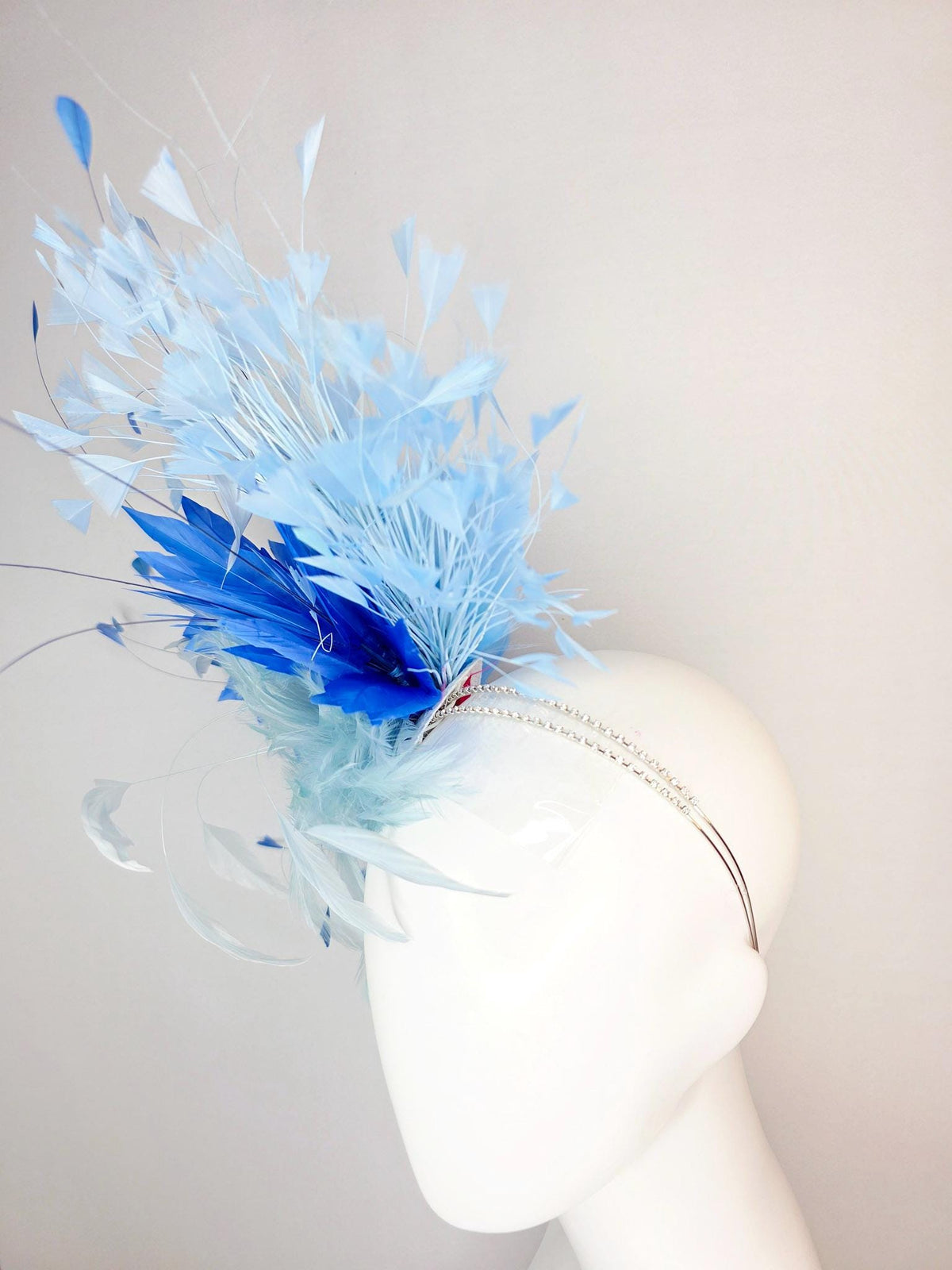 kentucky derby hat fascinator swarovski crystal headband with fluffy light baby blue feather flower cobalt and sky blue branching feathers