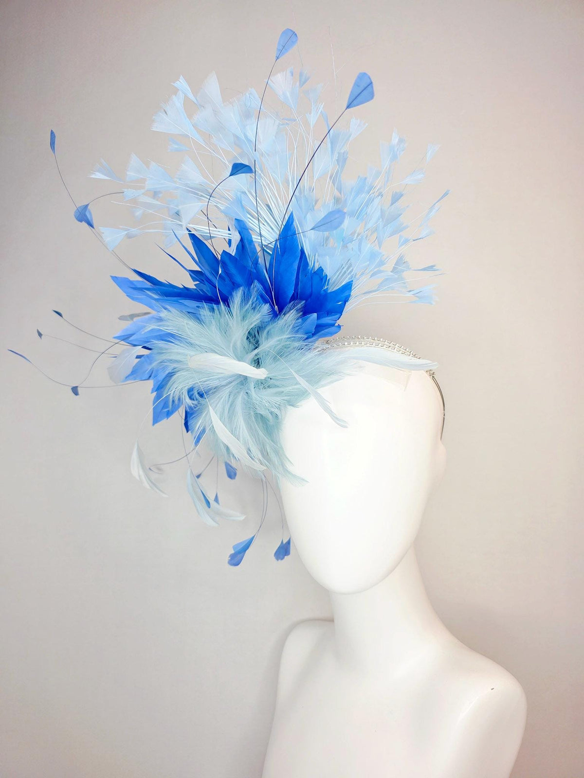 kentucky derby hat fascinator swarovski crystal headband with fluffy light baby blue feather flower cobalt and sky blue branching feathers