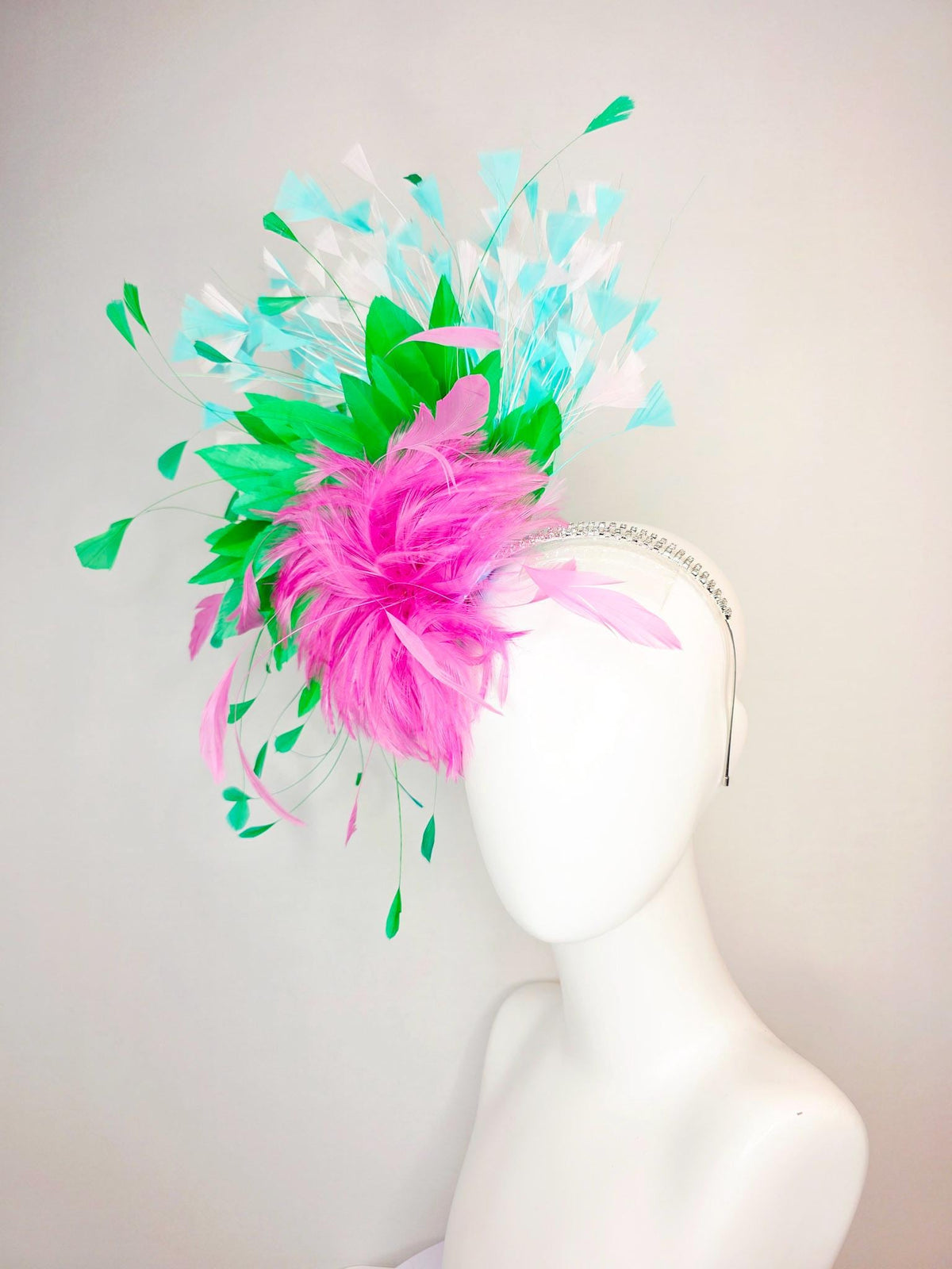 kentucky derby hat fascinator swarovski crystal headband fluffy blush pink feather flower emerald green aqua blue white branching feathers