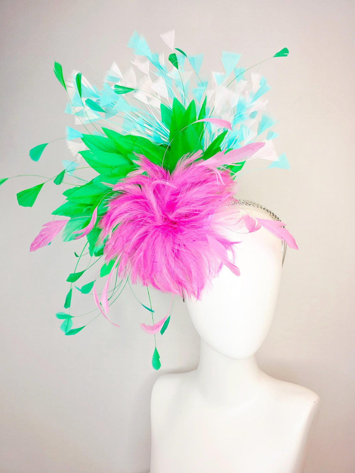kentucky derby hat fascinator swarovski crystal headband fluffy blush pink feather flower emerald green aqua blue white branching feathers
