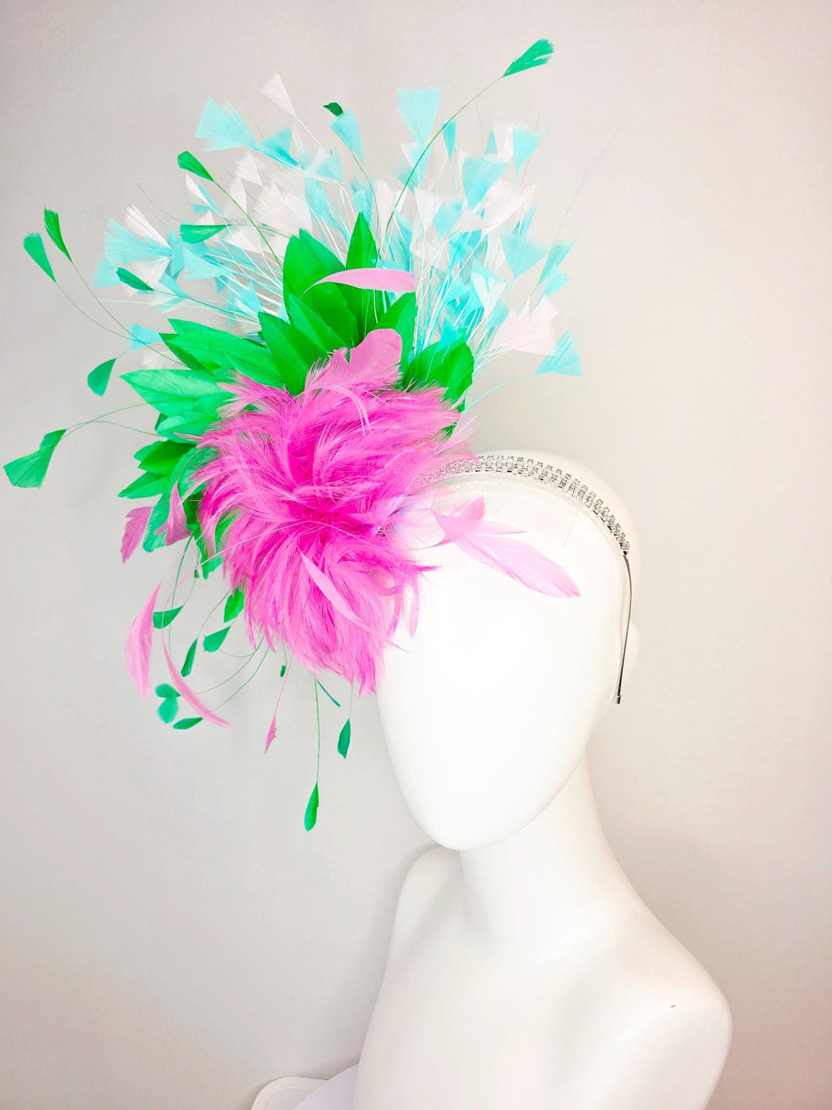 kentucky derby hat fascinator swarovski crystal headband fluffy blush pink feather flower emerald green aqua blue white branching feathers
