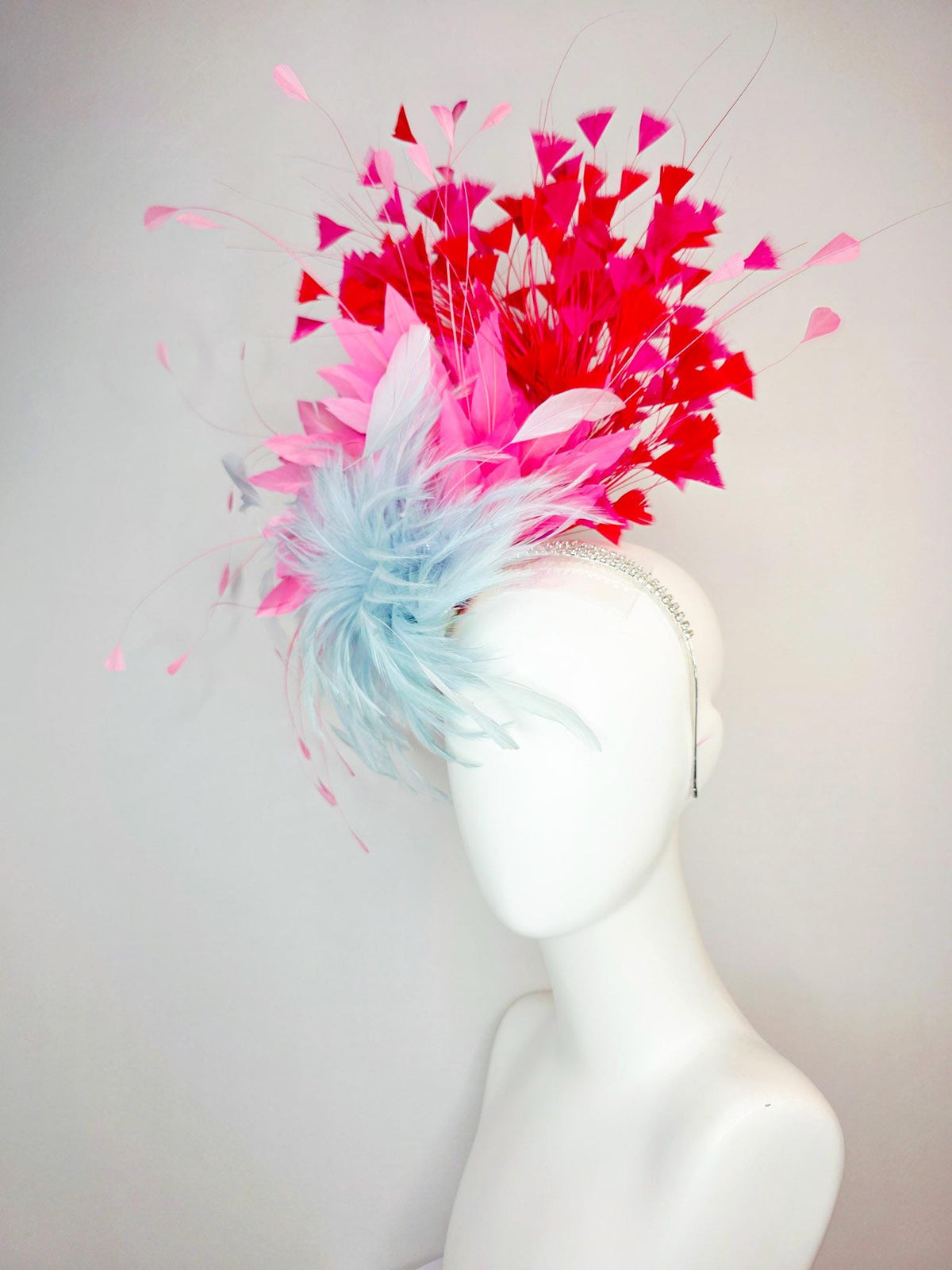 kentucky derby hat fascinator swarovski crystal headband with fluffy baby blue feather flower blush pink and scarlet red branching feathers