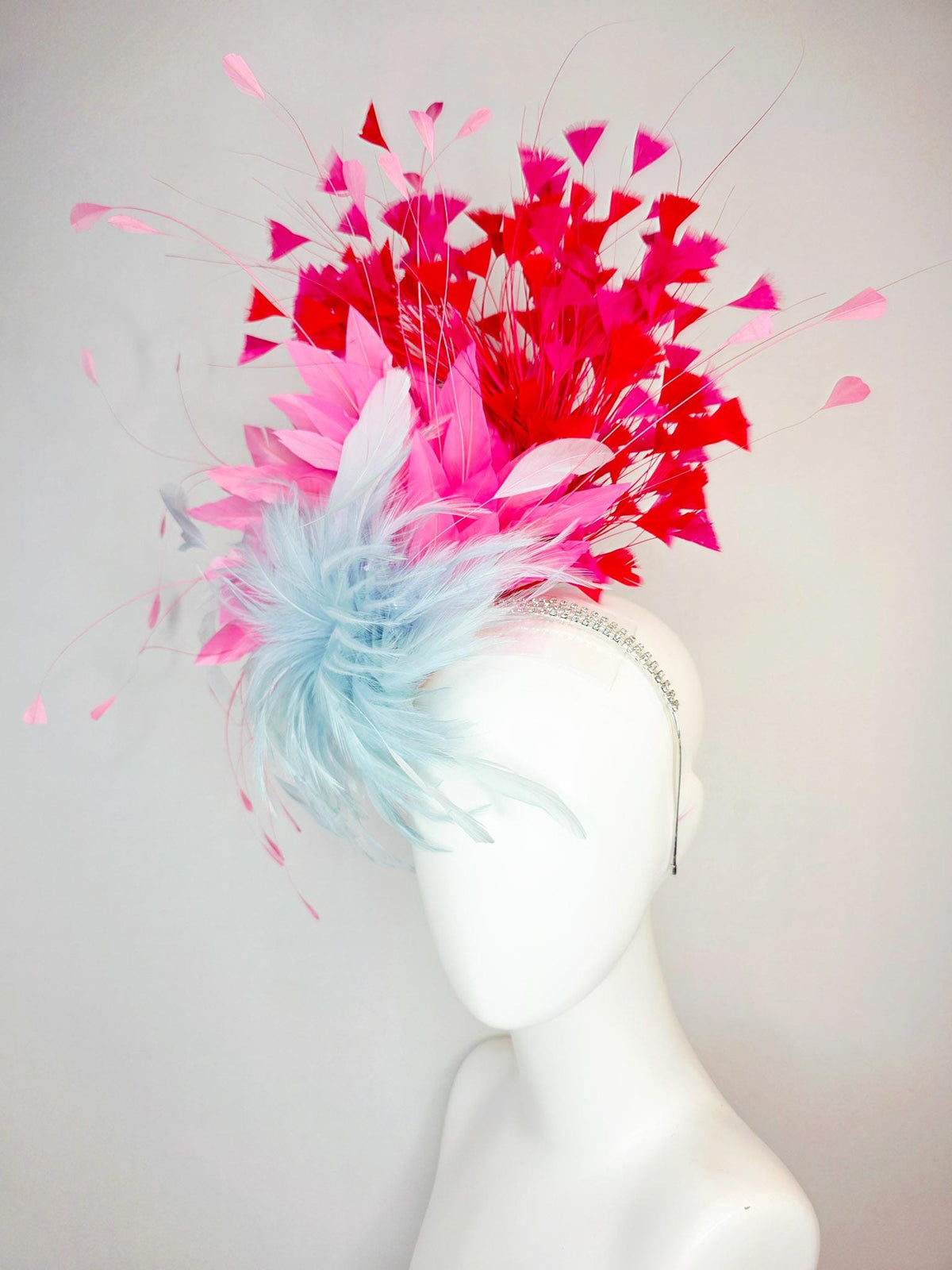 kentucky derby hat fascinator swarovski crystal headband with fluffy baby blue feather flower blush pink and scarlet red branching feathers