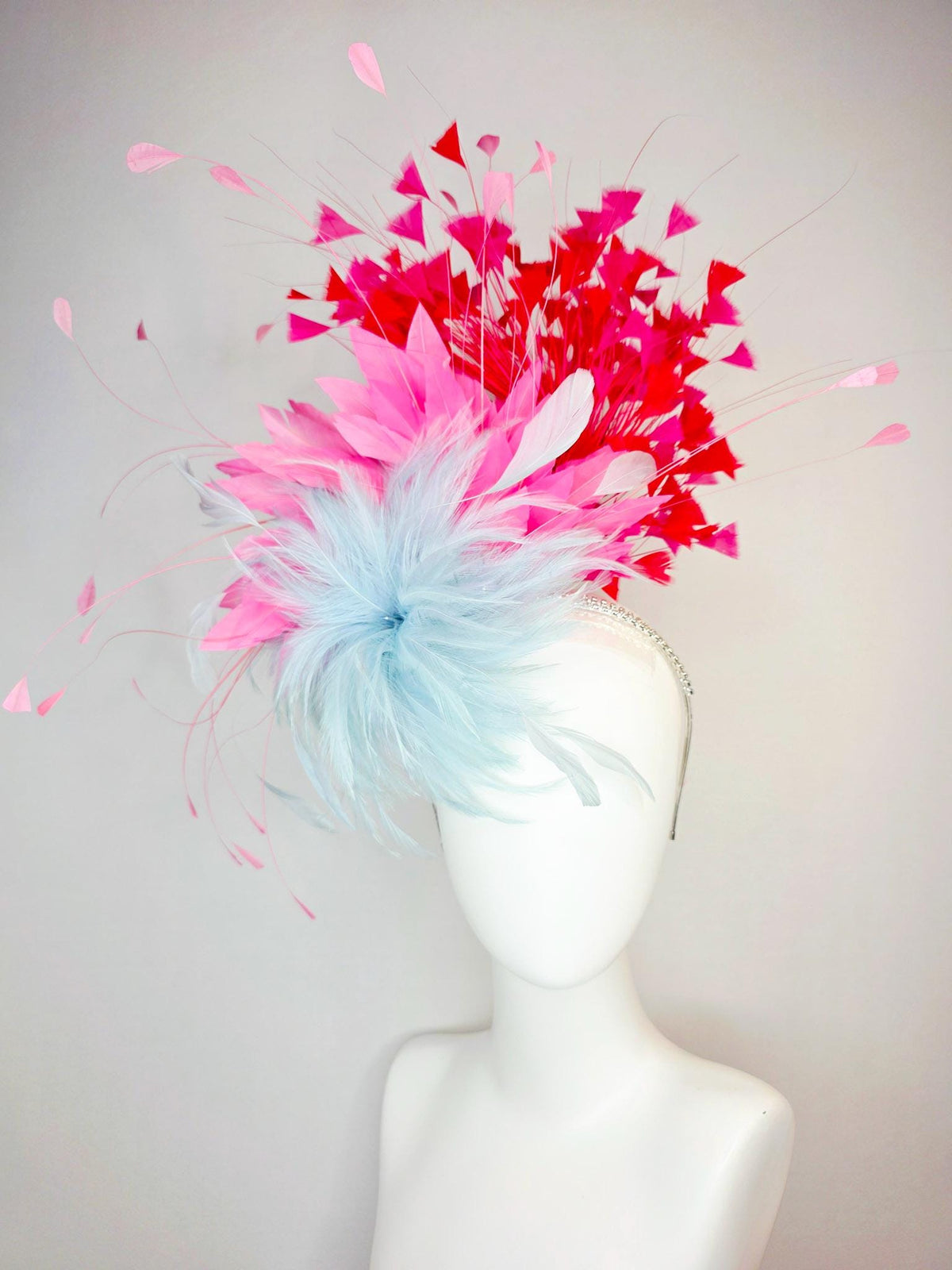kentucky derby hat fascinator swarovski crystal headband with fluffy baby blue feather flower blush pink and scarlet red branching feathers