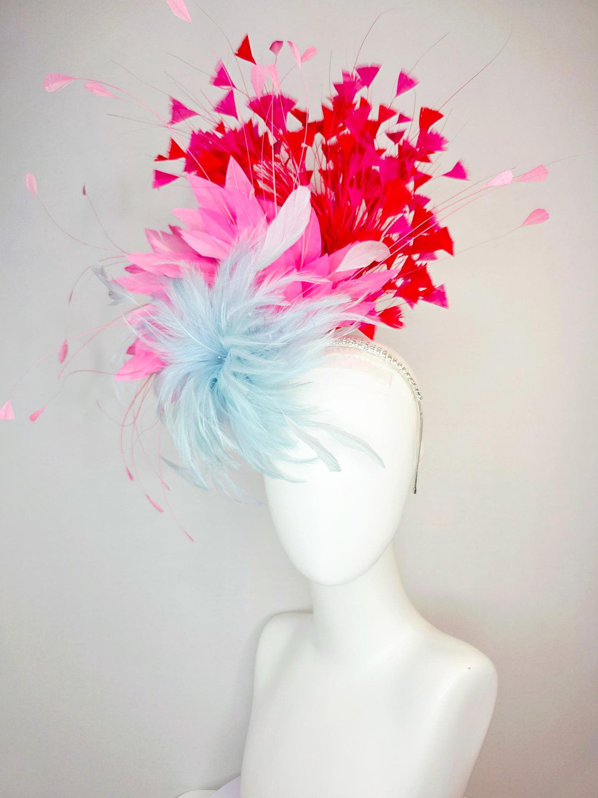 kentucky derby hat fascinator swarovski crystal headband with fluffy baby blue feather flower blush pink and scarlet red branching feathers