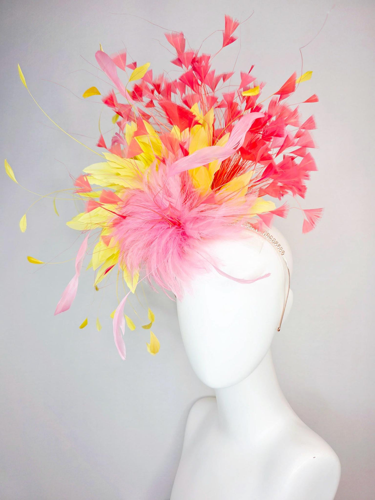 kentucky derby hat fascinator swarovski crystal headband with fluffy baby pink feather flower with yellow and coral red branching feathers