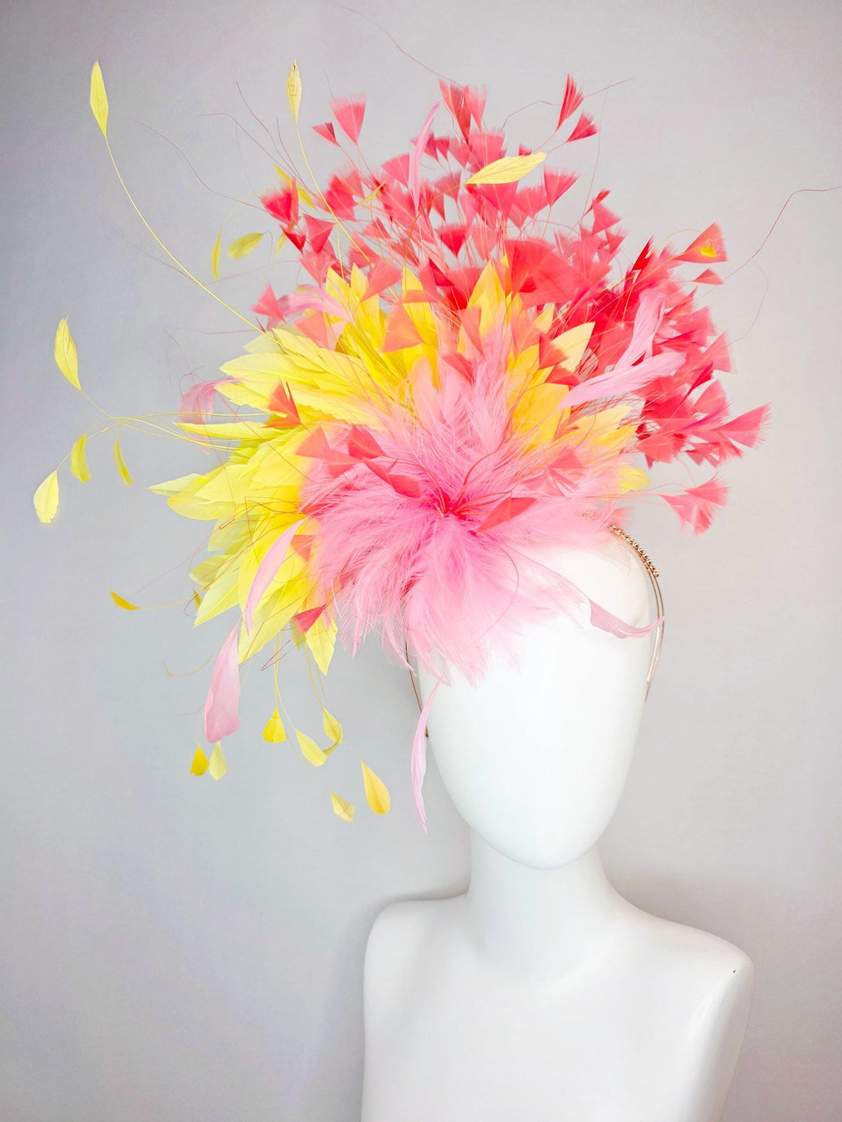 kentucky derby hat fascinator swarovski crystal headband with fluffy baby pink feather flower with yellow and coral red branching feathers