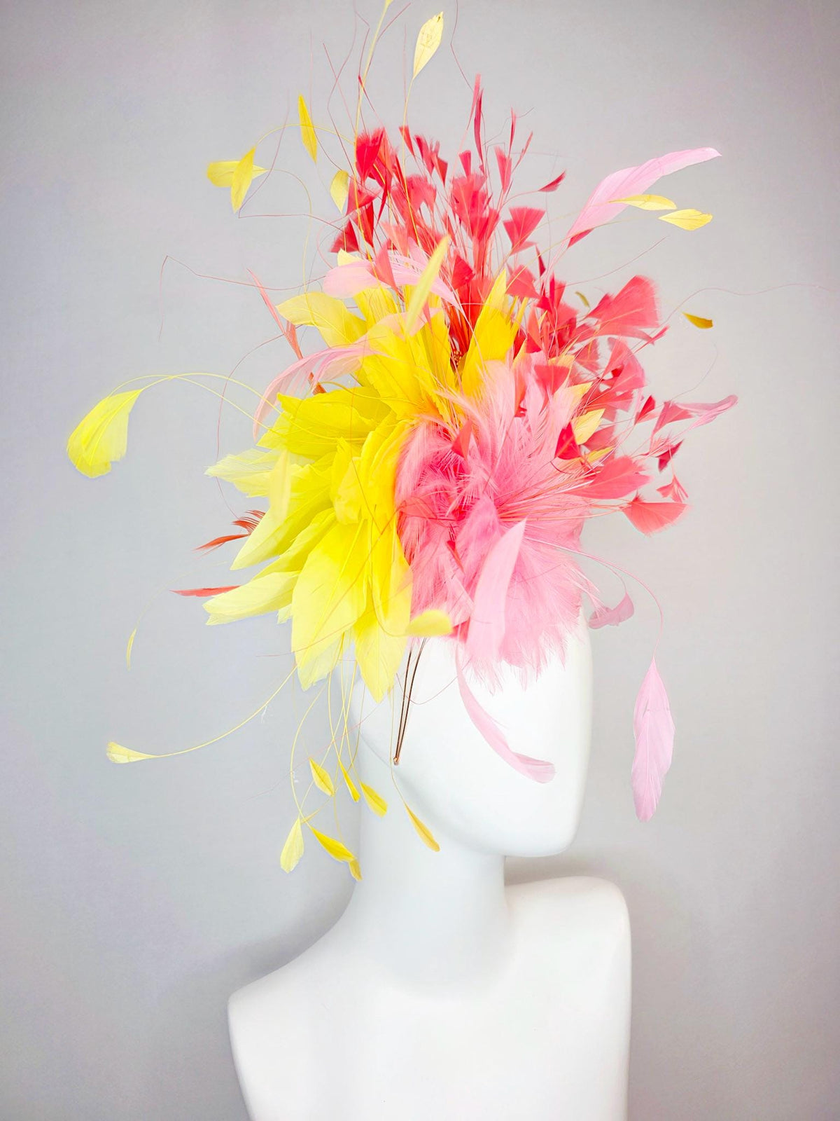 kentucky derby hat fascinator swarovski crystal headband with fluffy baby pink feather flower with yellow and coral red branching feathers