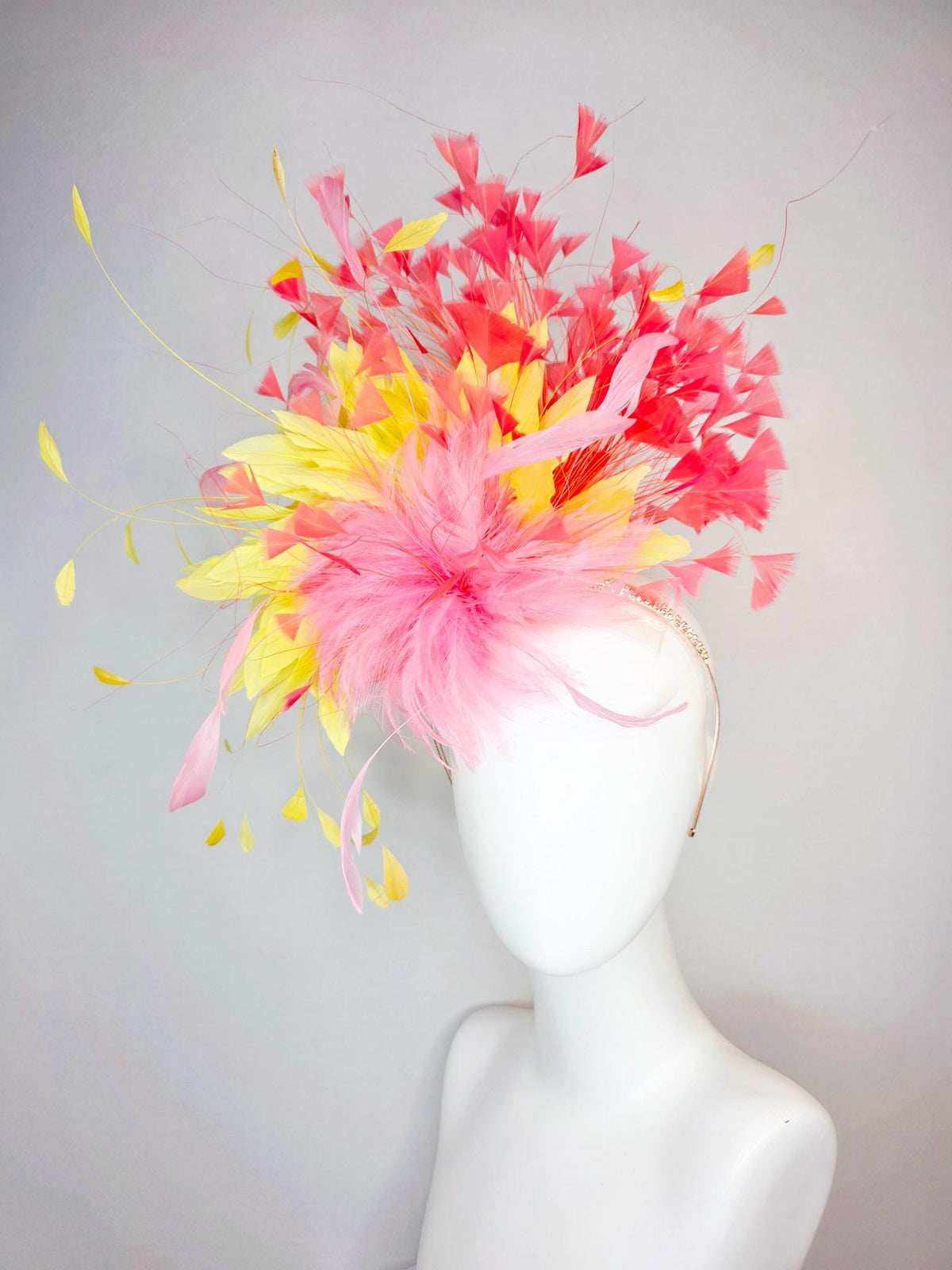 kentucky derby hat fascinator swarovski crystal headband with fluffy baby pink feather flower with yellow and coral red branching feathers