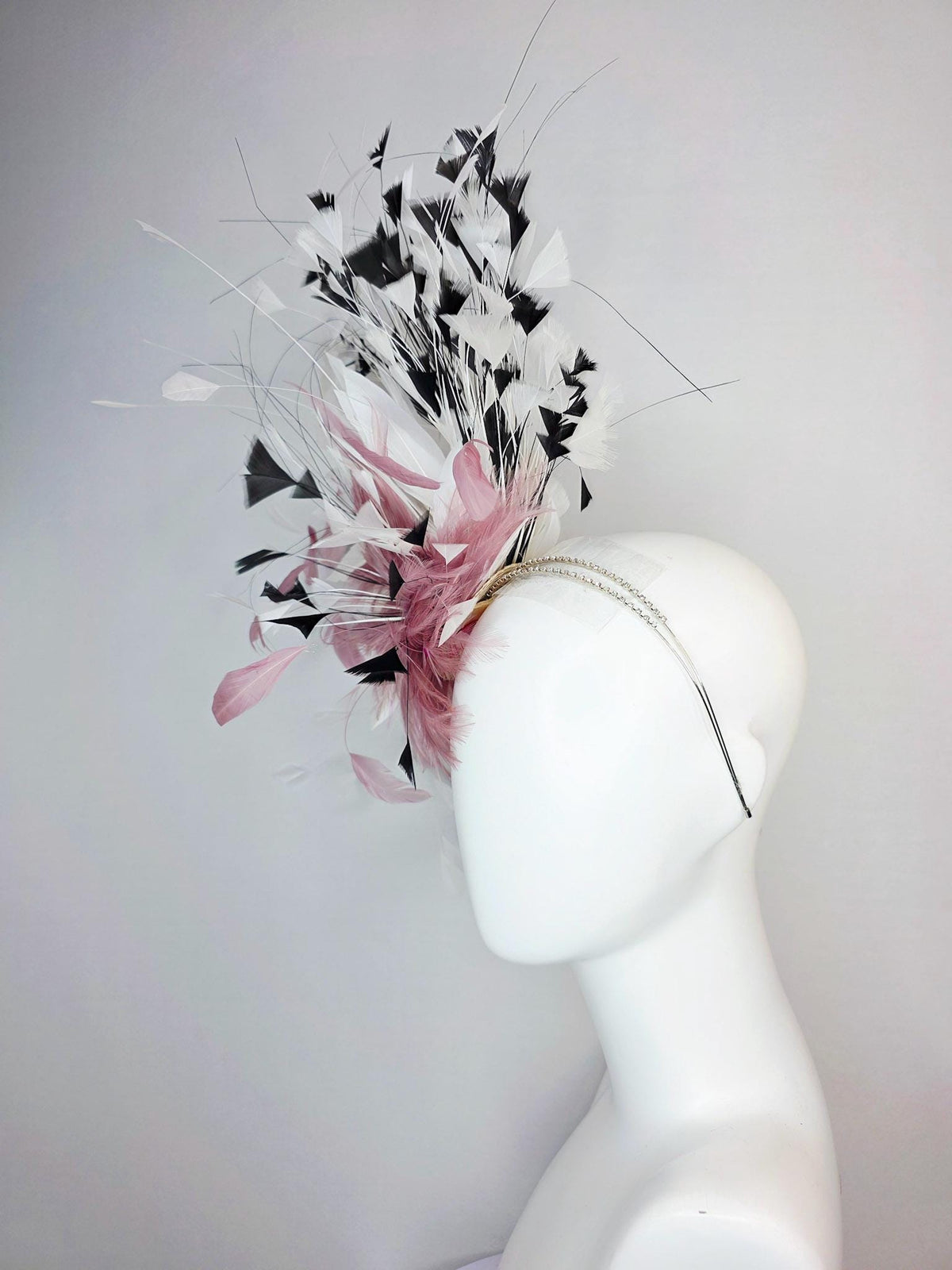 kentucky derby hat fascinator swarovski crystal headband with fluffy mauve dusty pink feather flower and black and white branching feathers