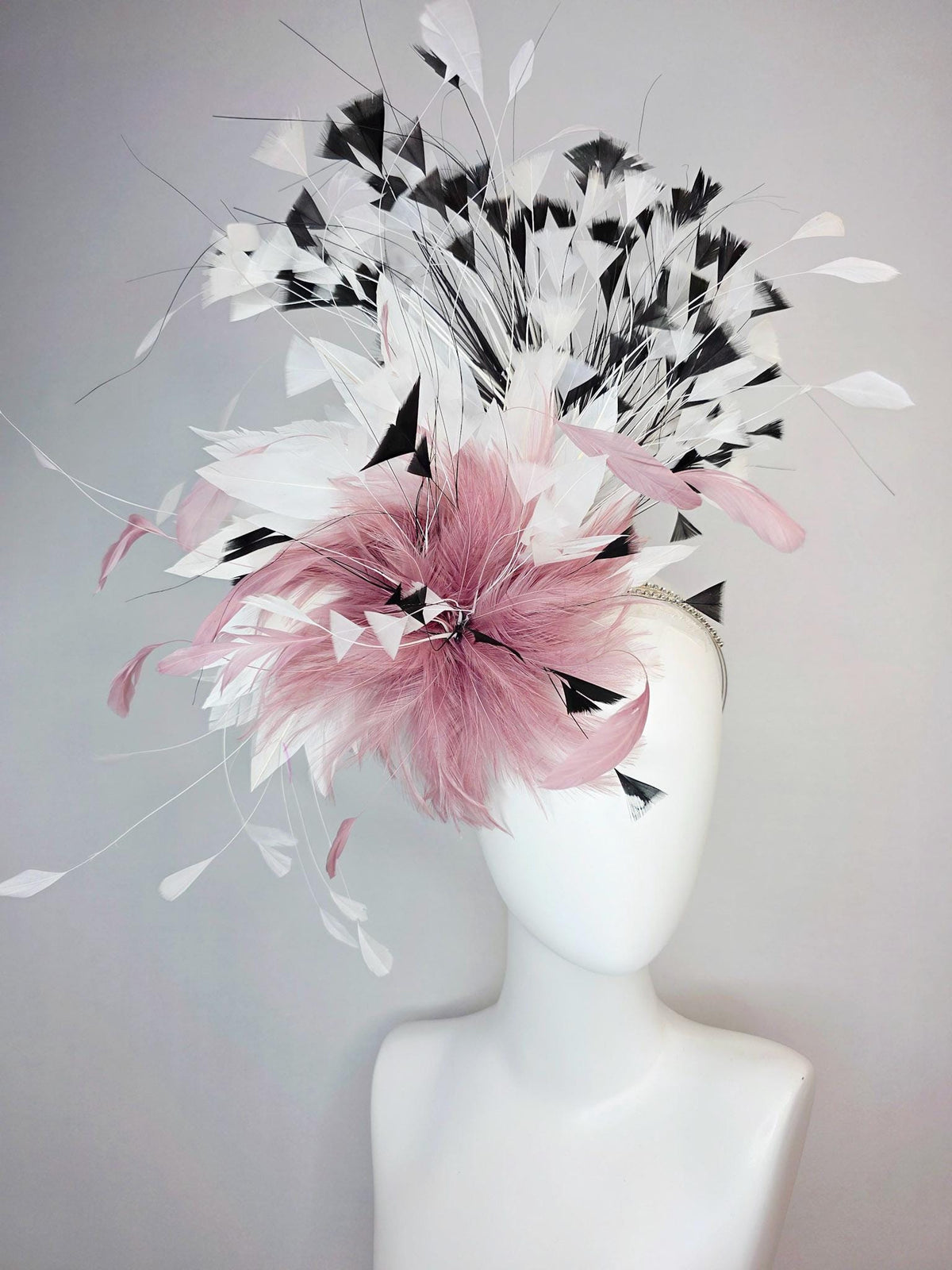 kentucky derby hat fascinator swarovski crystal headband with fluffy mauve dusty pink feather flower and black and white branching feathers