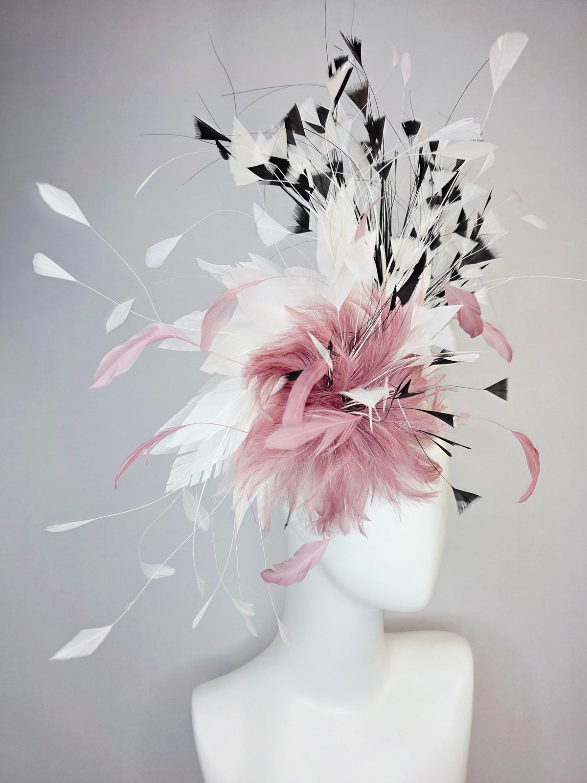 kentucky derby hat fascinator swarovski crystal headband with fluffy mauve dusty pink feather flower and black and white branching feathers