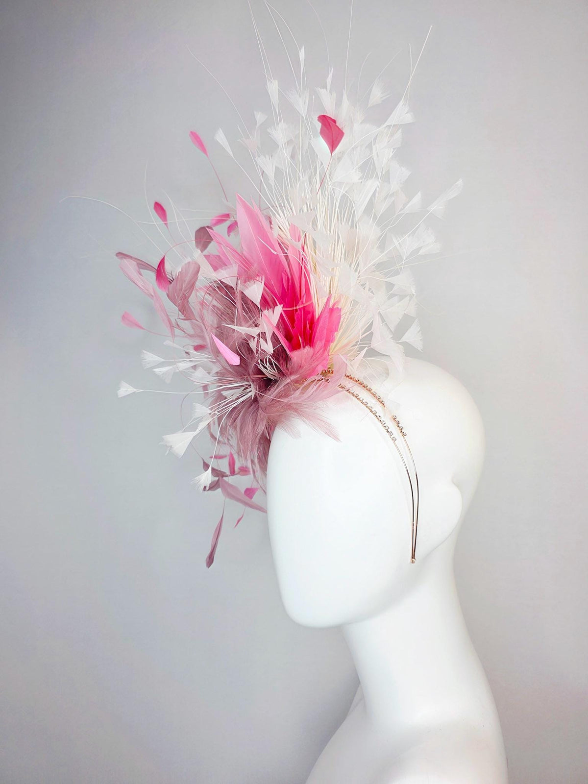 kentucky derby hat fascinator swarovski crystal headband with fluffy mauve dusty pink feather flower blush pink white branching feathers