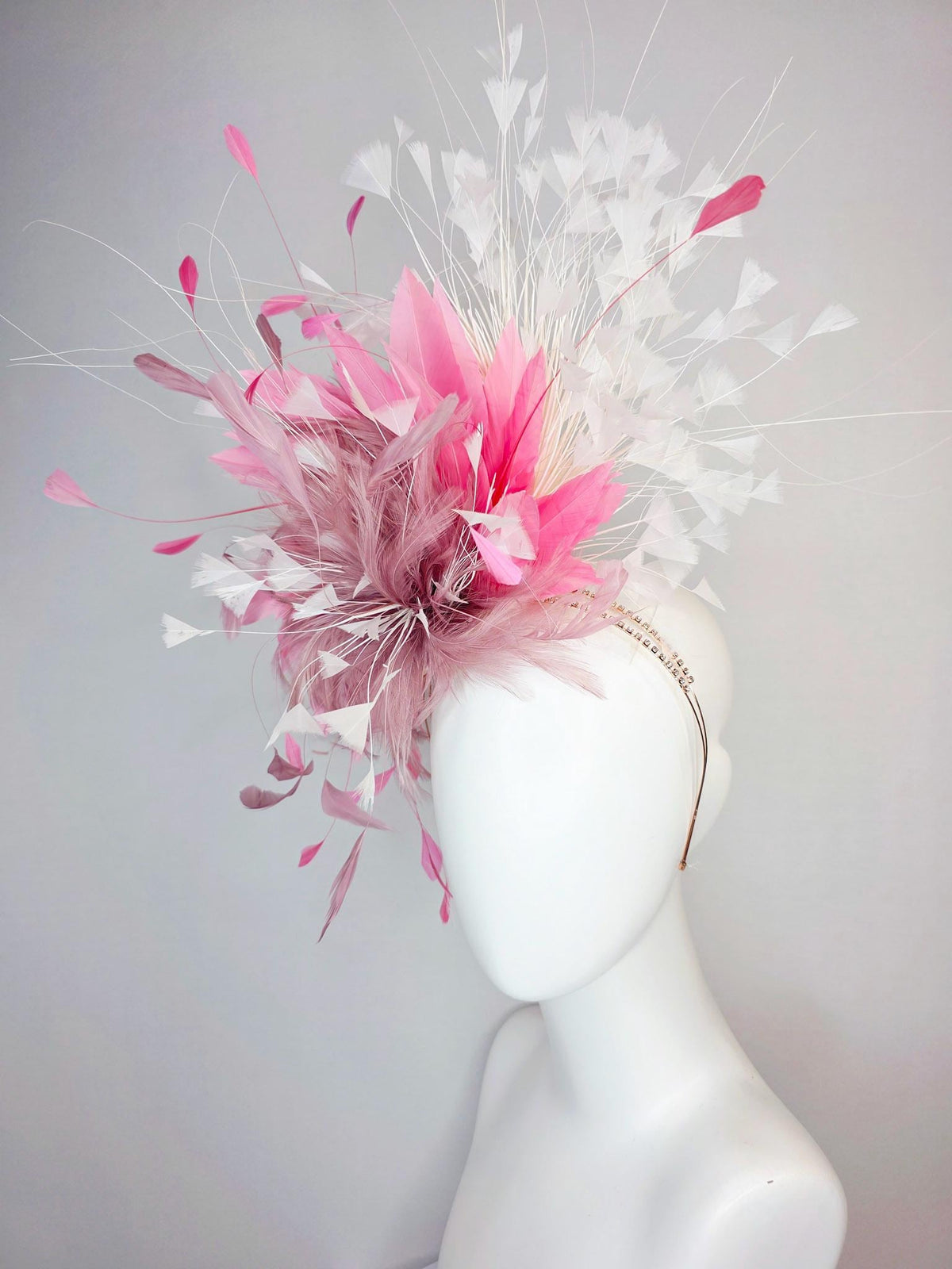 kentucky derby hat fascinator swarovski crystal headband with fluffy mauve dusty pink feather flower blush pink white branching feathers
