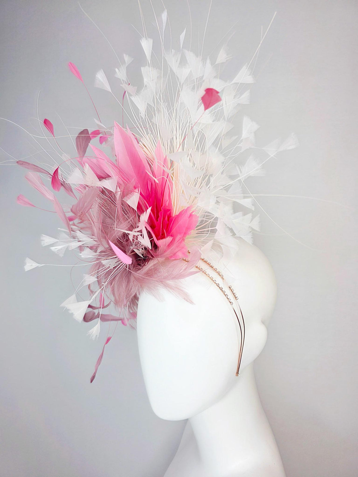 kentucky derby hat fascinator swarovski crystal headband with fluffy mauve dusty pink feather flower blush pink white branching feathers