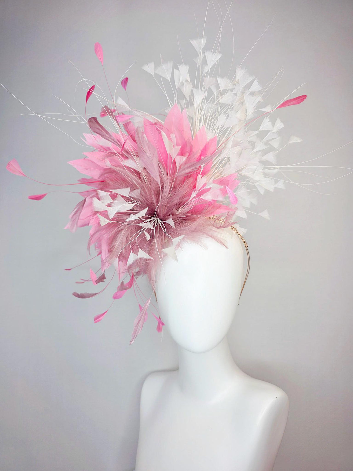 kentucky derby hat fascinator swarovski crystal headband with fluffy mauve dusty pink feather flower blush pink white branching feathers