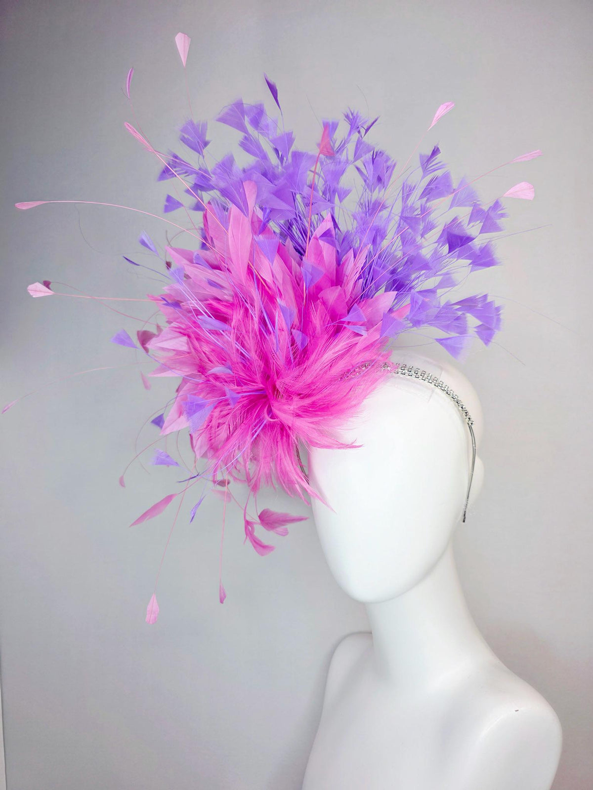 kentucky derby hat fascinator swarovski crystal headband with fluffy blush pink feather flower blush pink lavender purple branching feathers
