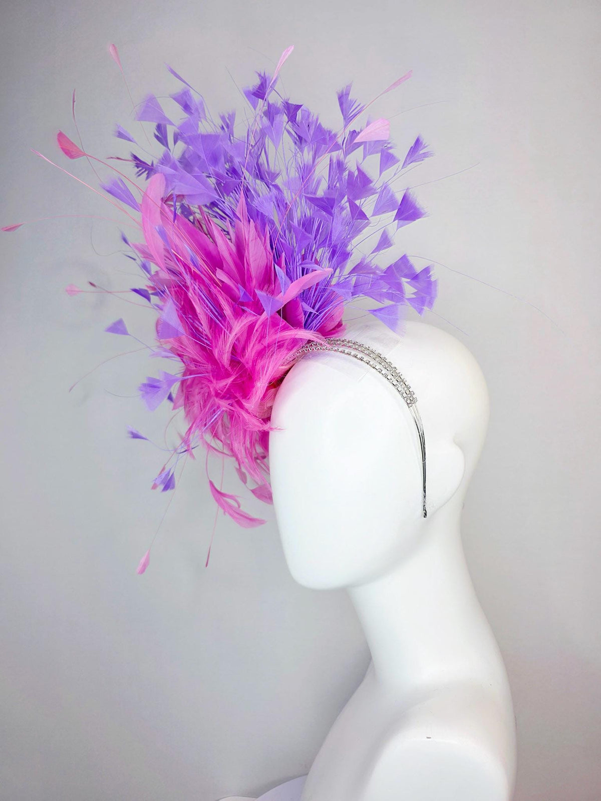 kentucky derby hat fascinator swarovski crystal headband with fluffy blush pink feather flower blush pink lavender purple branching feathers