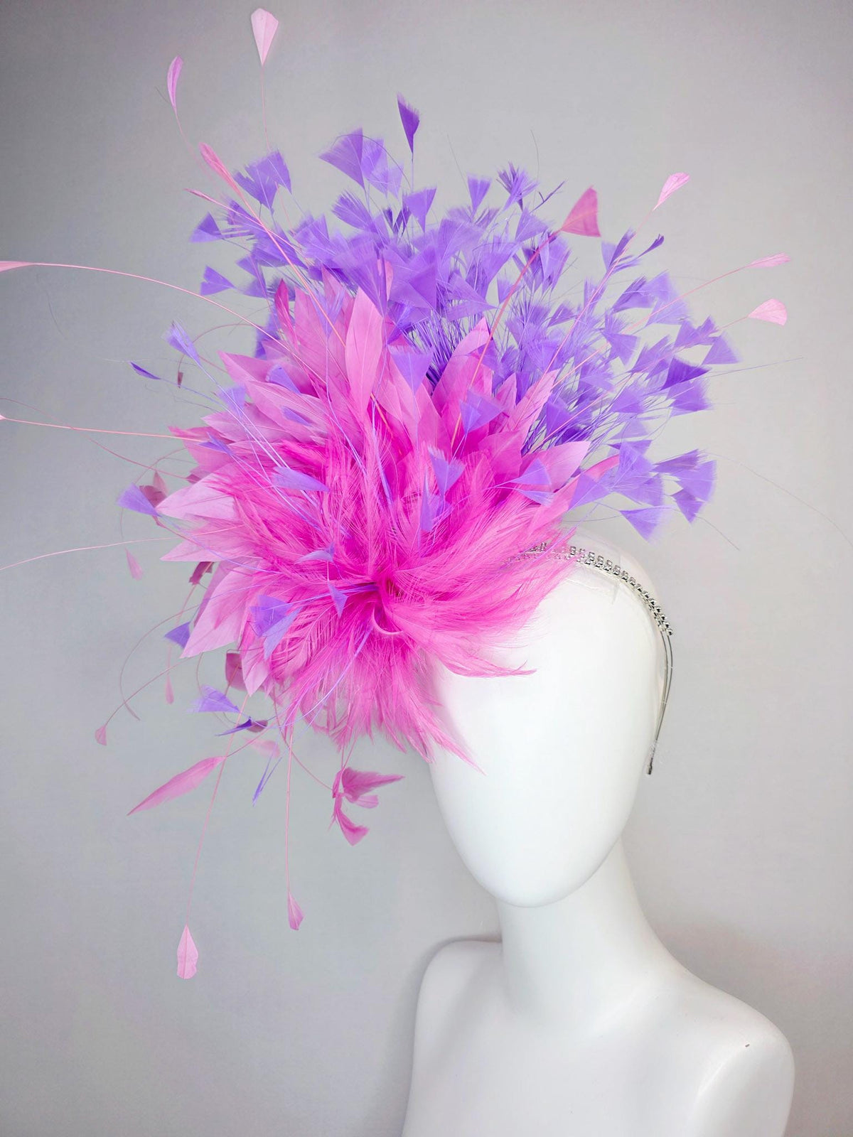 kentucky derby hat fascinator swarovski crystal headband with fluffy blush pink feather flower blush pink lavender purple branching feathers