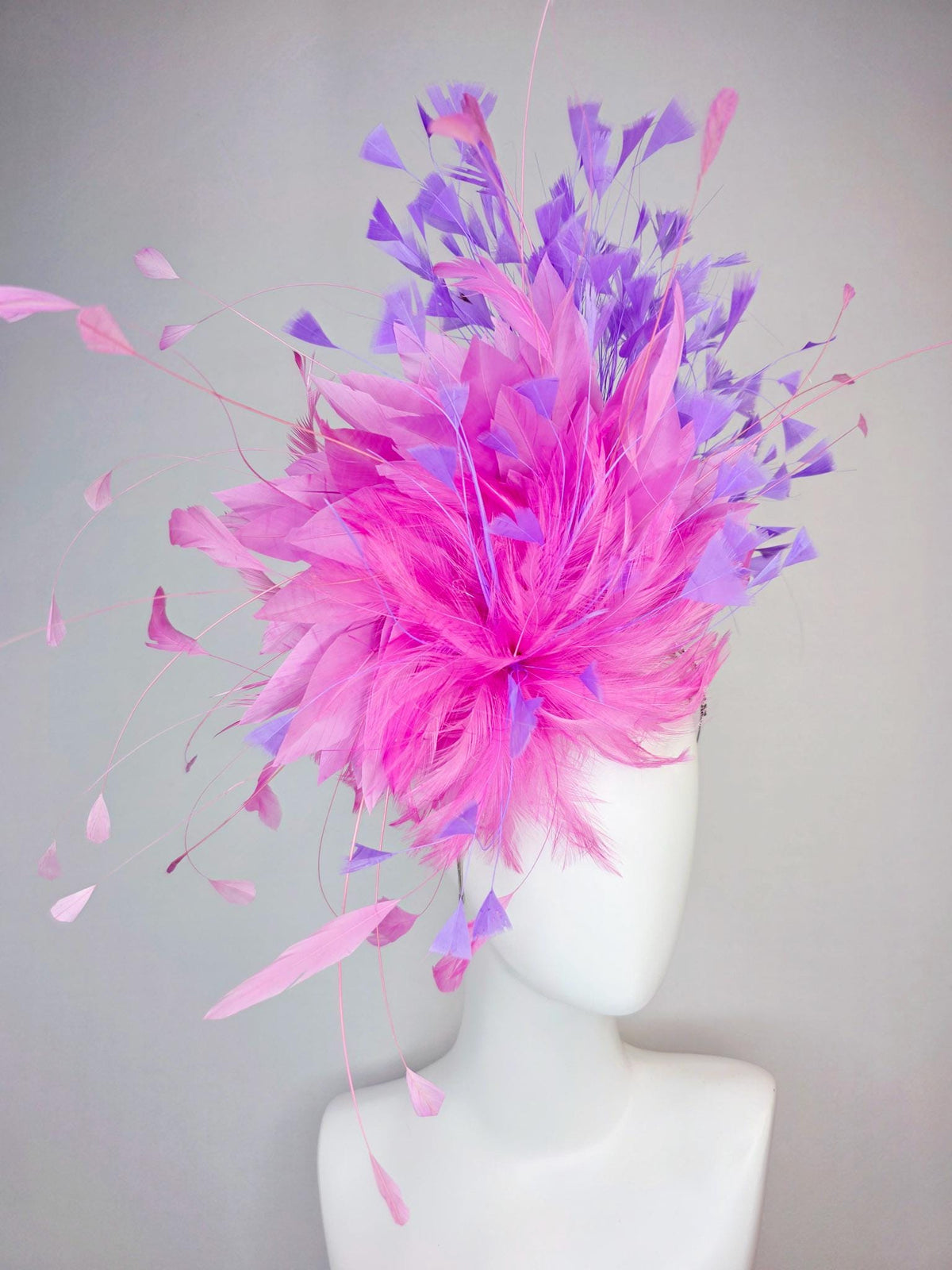 kentucky derby hat fascinator swarovski crystal headband with fluffy blush pink feather flower blush pink lavender purple branching feathers