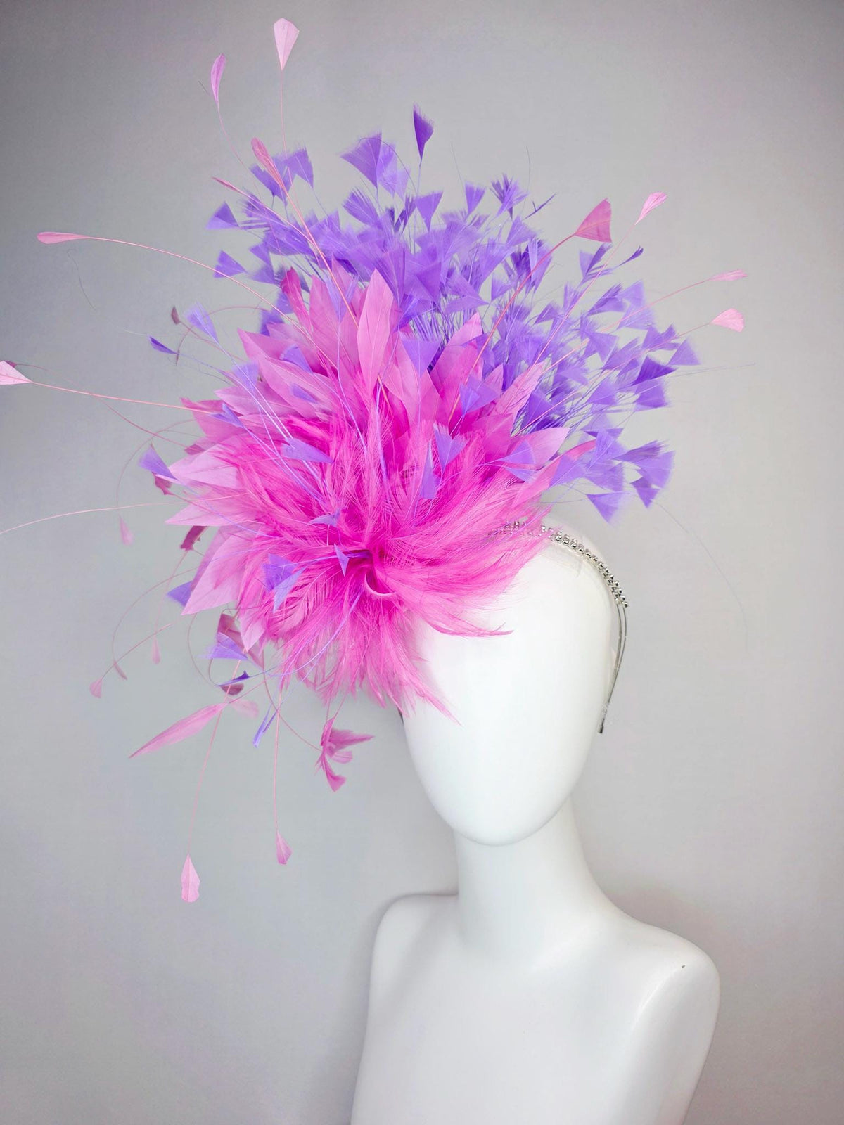 kentucky derby hat fascinator swarovski crystal headband with fluffy blush pink feather flower blush pink lavender purple branching feathers