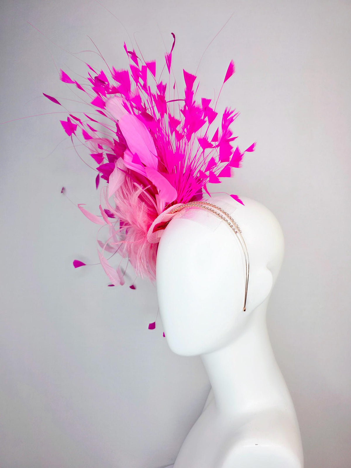 kentucky derby hat fascinator swarovski crystal headband with fluffy baby pink feather flower and hot bright fuchsia pink branching feathers