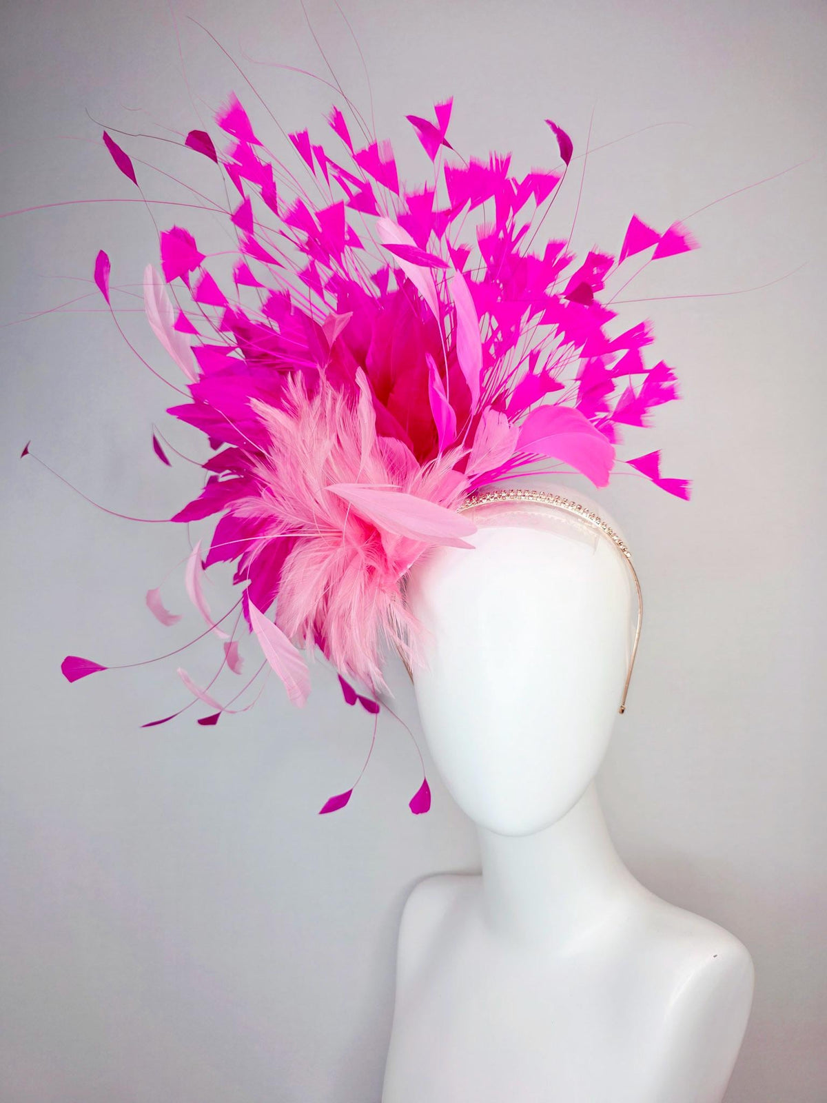 kentucky derby hat fascinator swarovski crystal headband with fluffy baby pink feather flower and hot bright fuchsia pink branching feathers