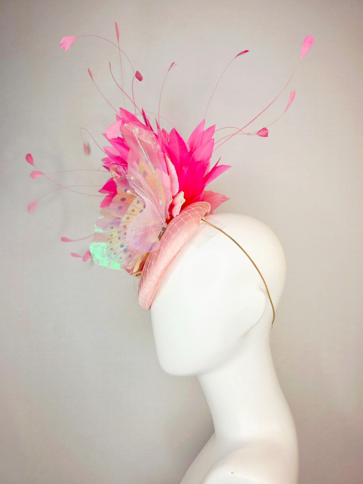 kentucky derby hat fascinator baby pink satin with netting ombre pink satin rose light pink leaves hot pink feathers and large butterfly