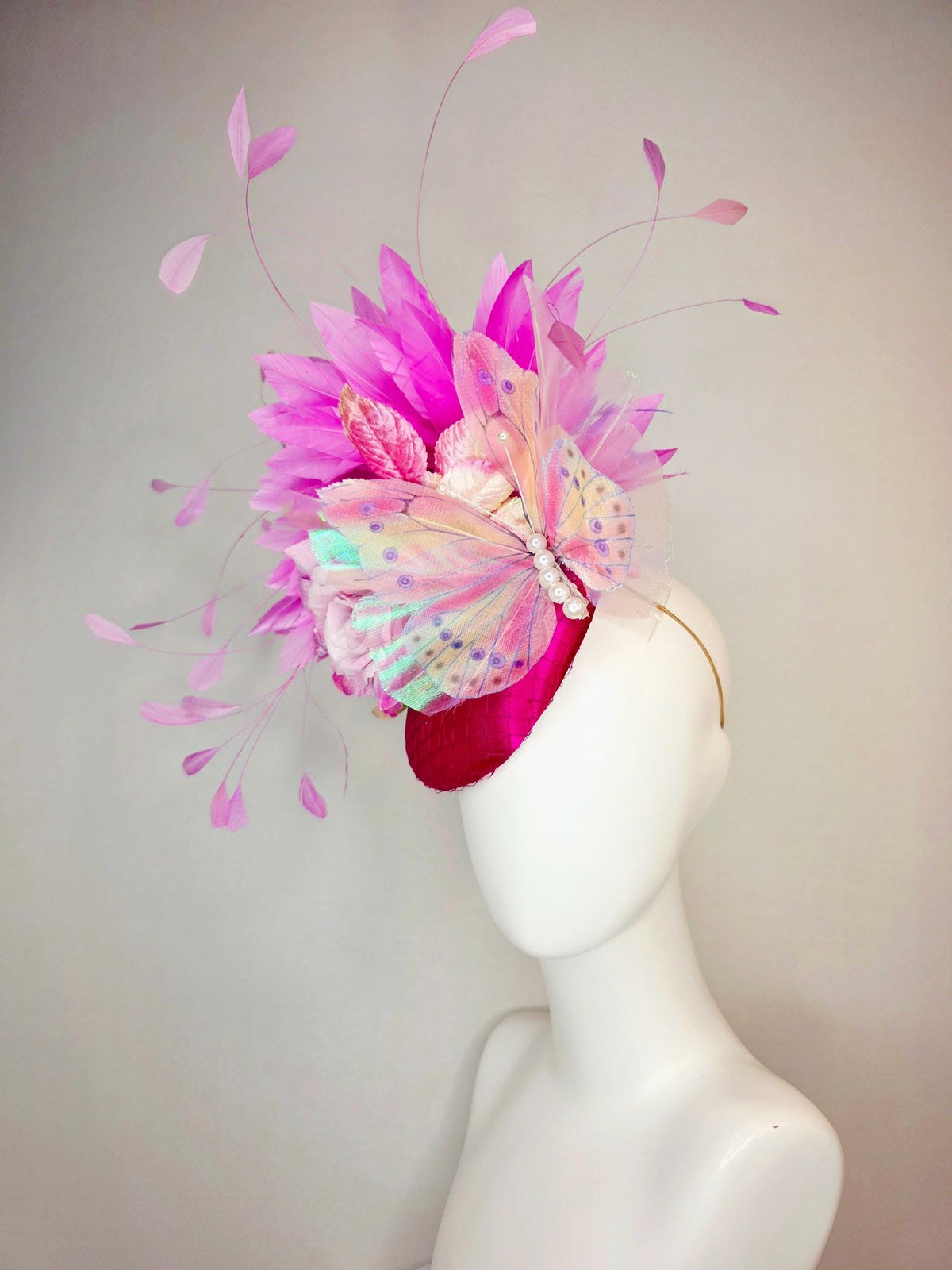 kentucky derby hat fascinator burgundy red satin with netting yellow lilac purple satin rose baby pink leaves purple pink feathers butterfly