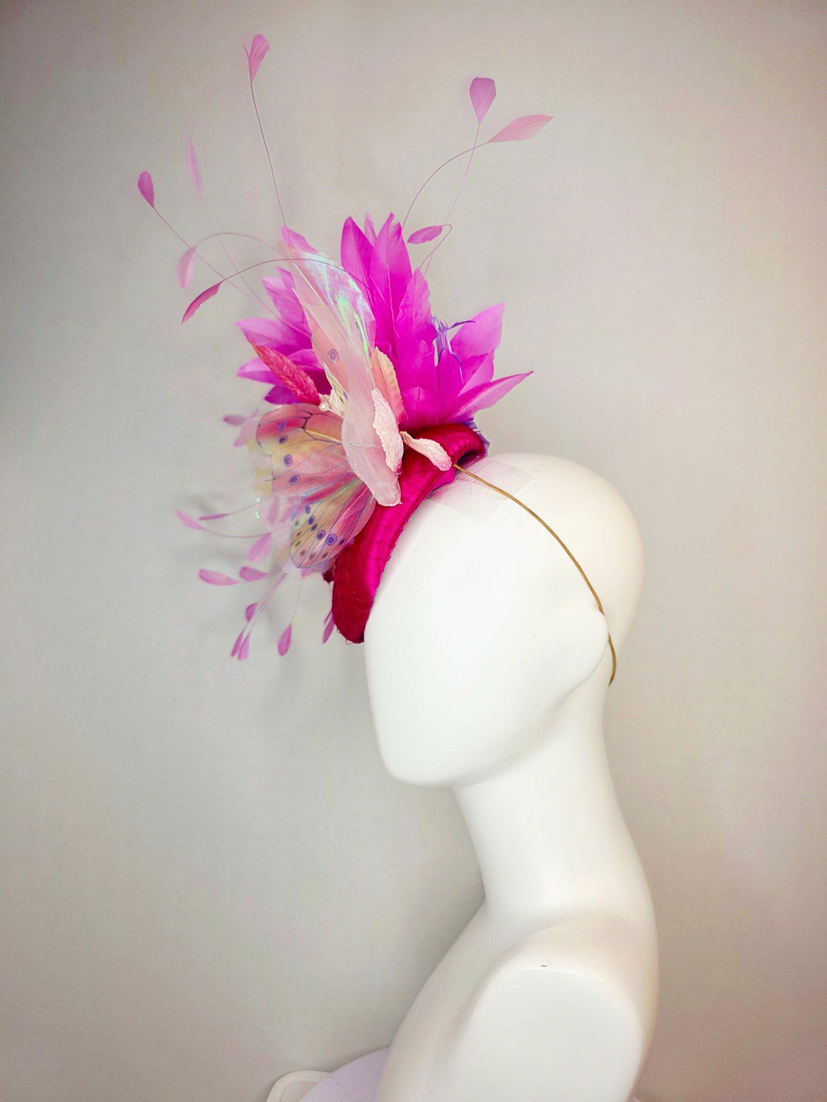 kentucky derby hat fascinator burgundy red satin with netting yellow lilac purple satin rose baby pink leaves purple pink feathers butterfly