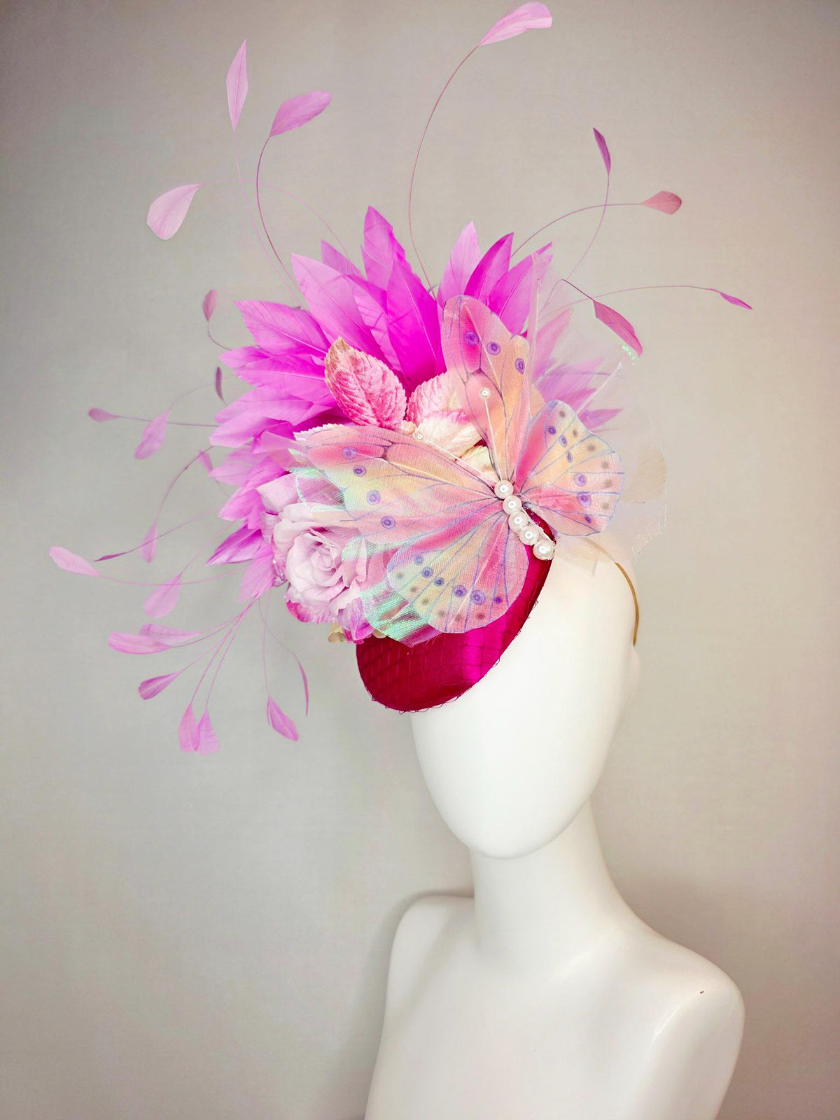 kentucky derby hat fascinator burgundy red satin with netting yellow lilac purple satin rose baby pink leaves purple pink feathers butterfly