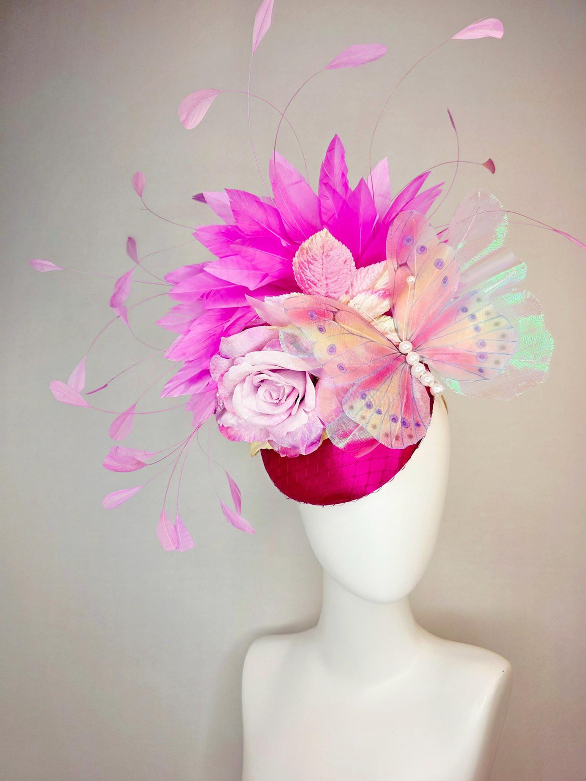 kentucky derby hat fascinator burgundy red satin with netting yellow lilac purple satin rose baby pink leaves purple pink feathers butterfly