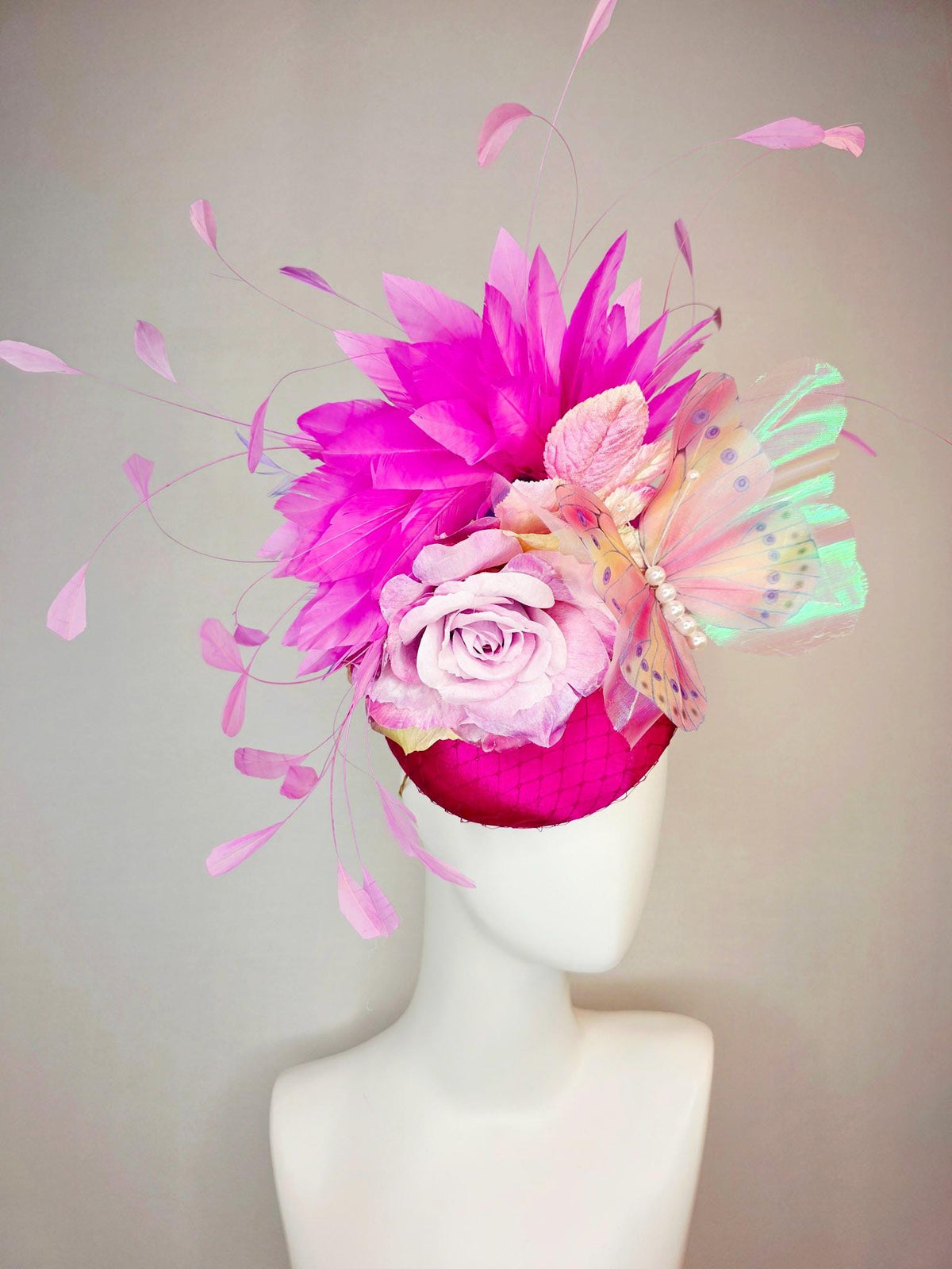 kentucky derby hat fascinator burgundy red satin with netting yellow lilac purple satin rose baby pink leaves purple pink feathers butterfly