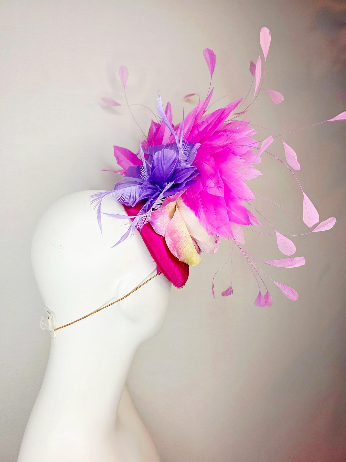 kentucky derby hat fascinator burgundy red satin with netting yellow lilac purple satin rose baby pink leaves purple pink feathers butterfly