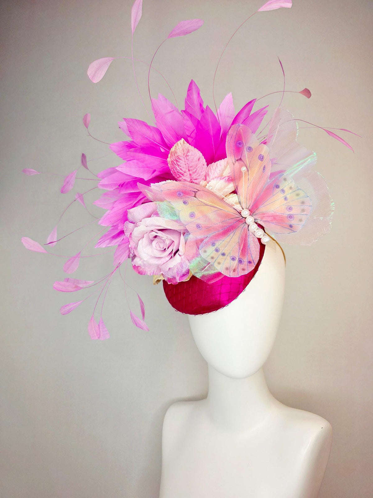 kentucky derby hat fascinator burgundy red satin with netting yellow lilac purple satin rose baby pink leaves purple pink feathers butterfly