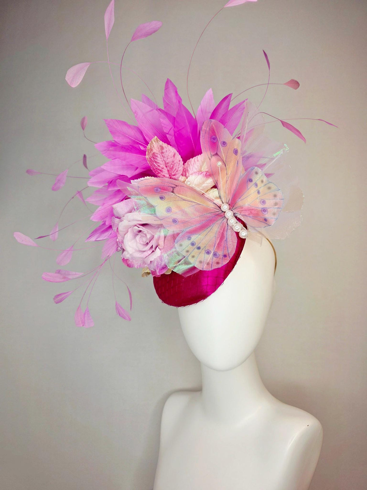kentucky derby hat fascinator burgundy red satin with netting yellow lilac purple satin rose baby pink leaves purple pink feathers butterfly