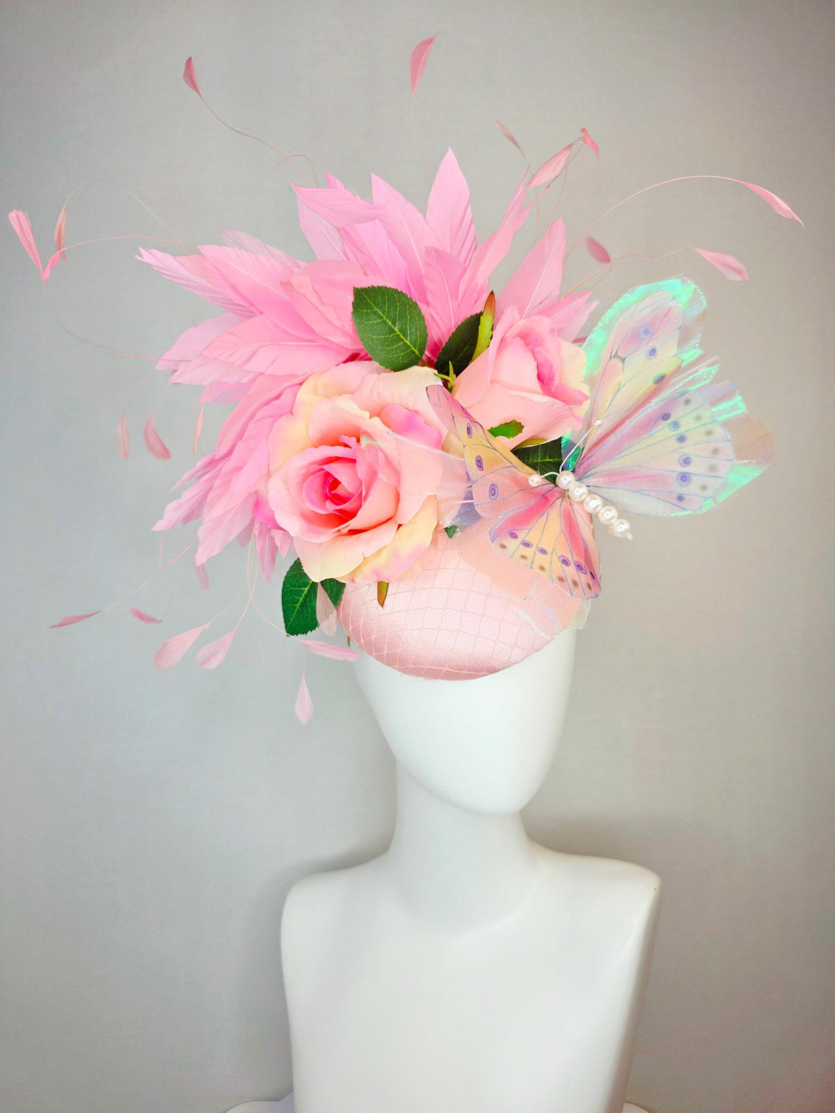 kentucky derby hat fascinator light pink satin with netting ombre pink satin roses green leaves baby blush pink feathers large butterfly