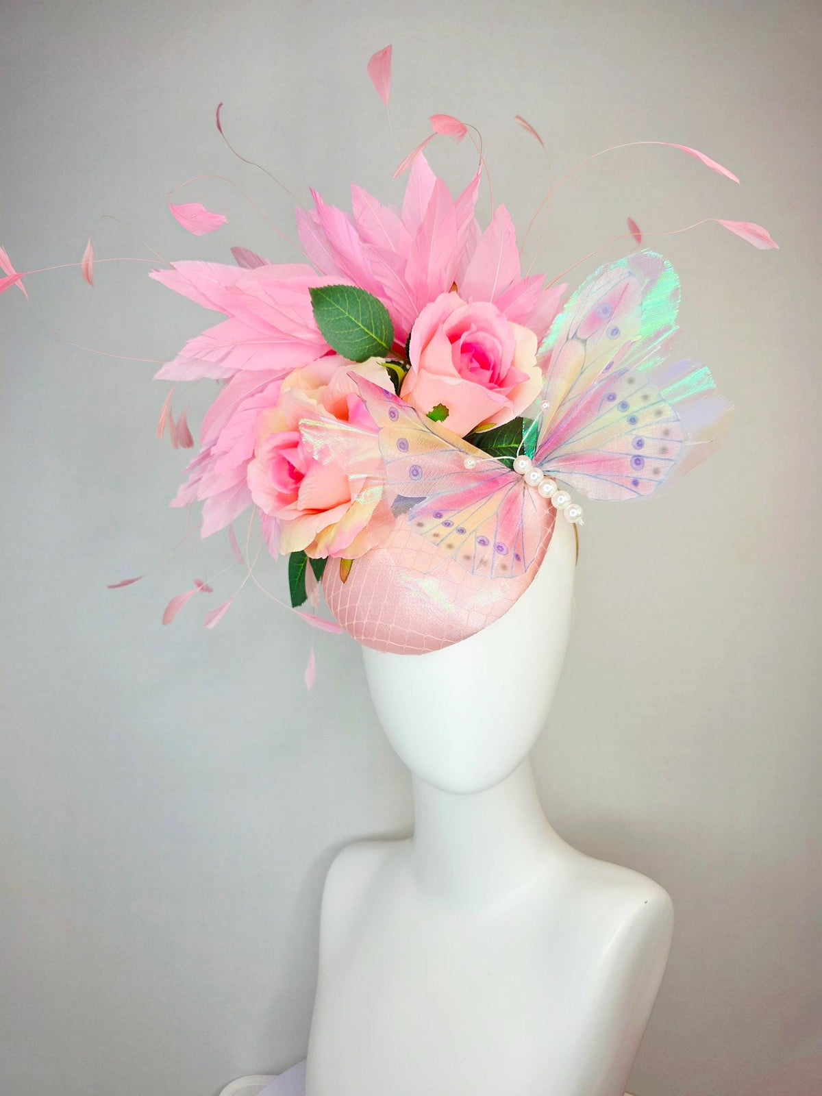 kentucky derby hat fascinator light pink satin with netting ombre pink satin roses green leaves baby blush pink feathers large butterfly