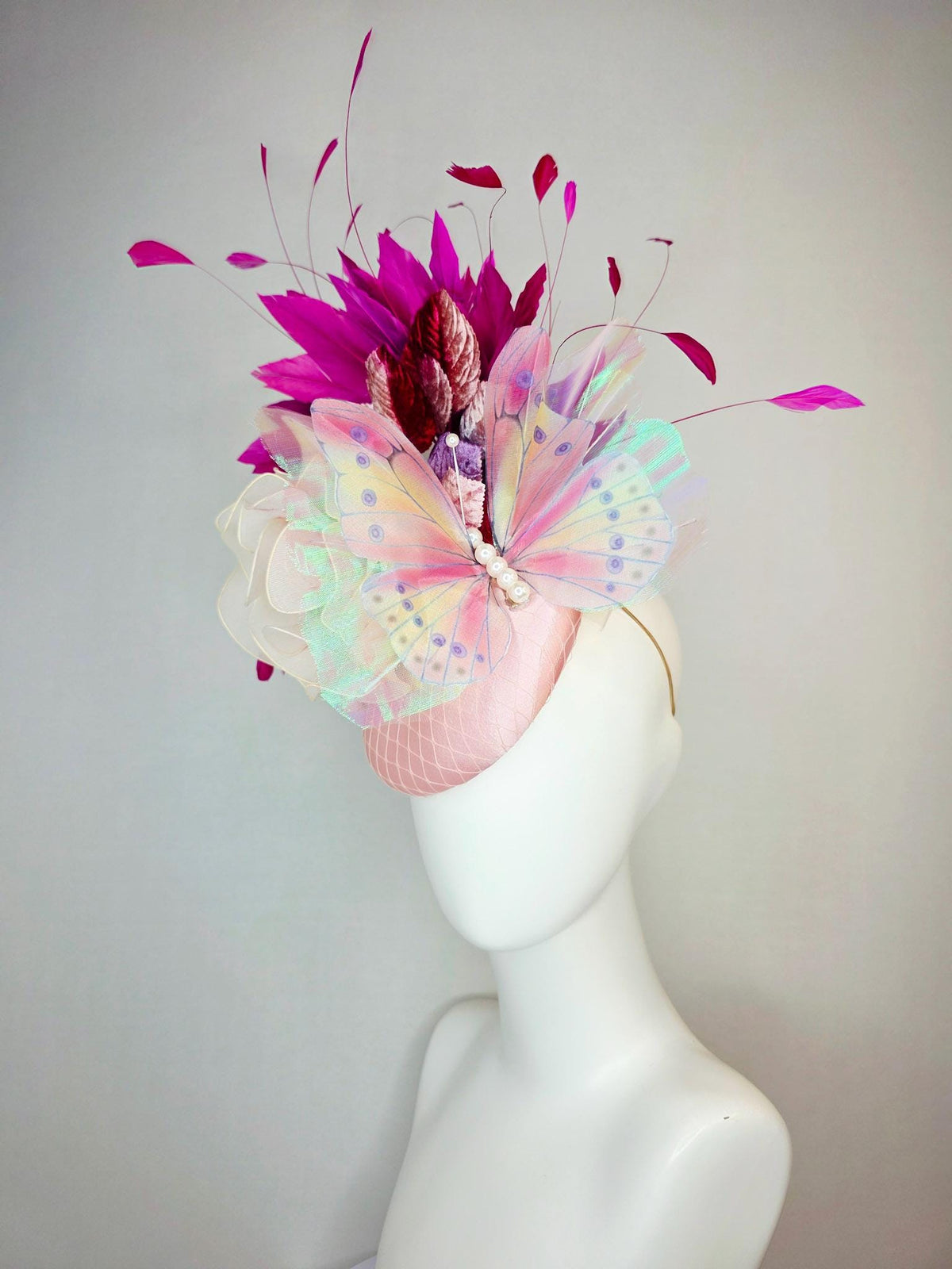 kentucky derby hat fascinator baby pink satin netting cream mesh flower light pink wine lavender leaves magenta purple feathers butterfly